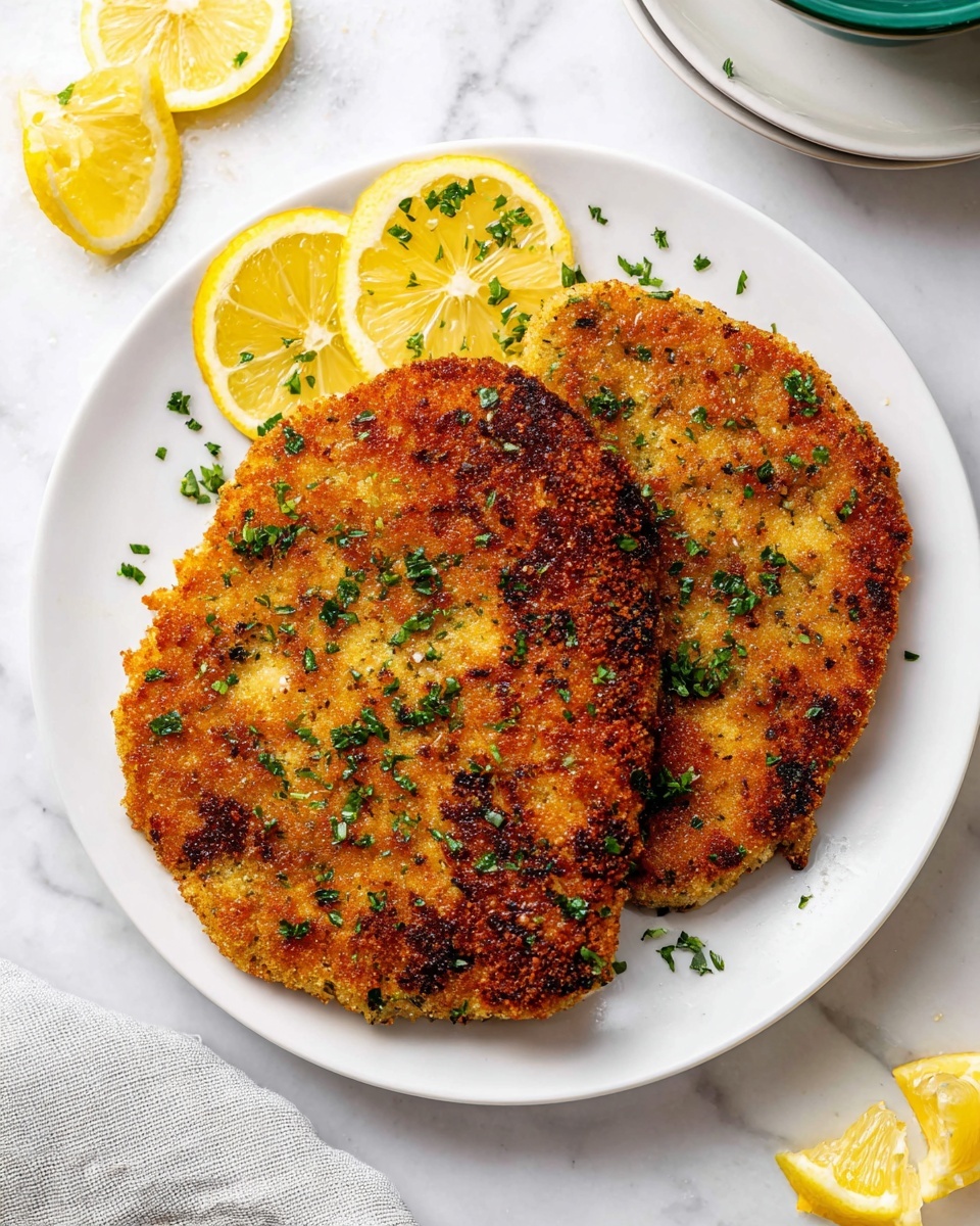 The image shows two large, round, golden-brown breaded cutlets placed side by side on a white plate, with a crispy texture and small green herb bits sprinkled on top. At the top left of the plate, there are three thin lemon slices garnished with finely chopped green herbs. The plate is set on a white marbled surface, with some lemon slices and scattered chopped herbs around it. In the top right corner, part of a stack of white plates with a green bowl on top is slightly visible. photo taken with an iphone --ar 4:5 --v 7