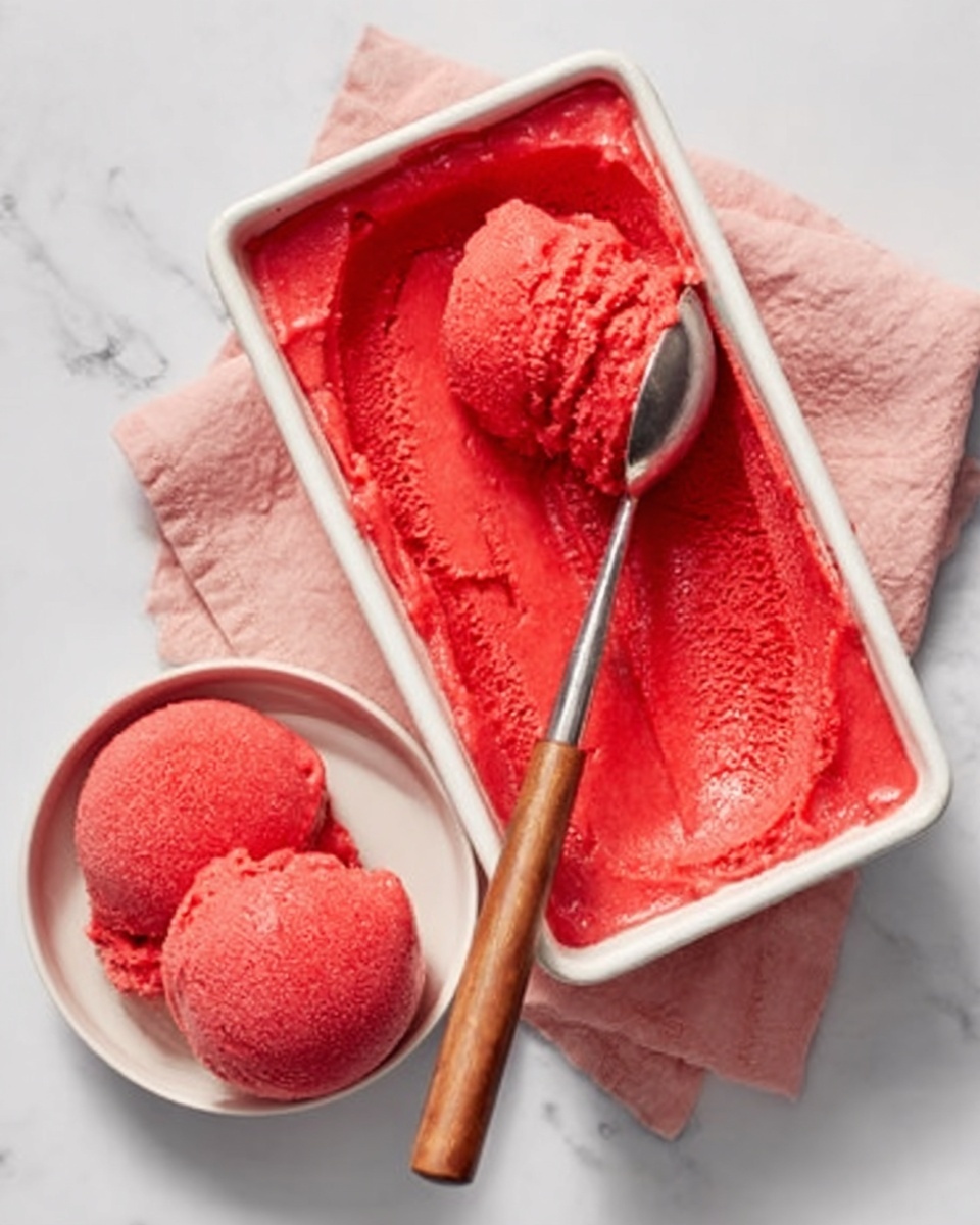 The image shows a rectangular white container filled with bright red sorbet that has a smooth texture with slight ridges from scooping. A silver spoon with a wooden handle rests on the edge inside the container. Next to it is a small white bowl holding two round scoops of the same red sorbet, showing a soft, slightly grainy texture. Both items sit on a light pink cloth on a white marbled surface. photo taken with an iphone --ar 4:5 --v 7