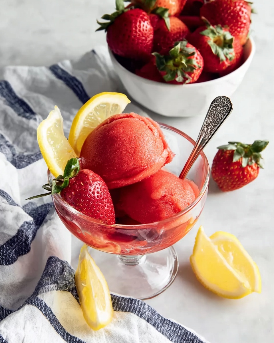 A clear glass bowl holds one large, round scoop of bright red strawberry sorbet with a smooth and icy texture. Two ripe strawberries with green leafy tops are placed beside the sorbet inside the bowl, along with two thin, curved lemon slices that add a fresh yellow accent. A silver spoon with detailed engravings stands inside the bowl. Nearby, a white bowl filled with whole, fresh strawberries sits on a white marbled surface covered by a white cloth with blue stripes. Additional lemon wedges are scattered on the cloth around the bowls. photo taken with an iphone --ar 4:5 --v 7