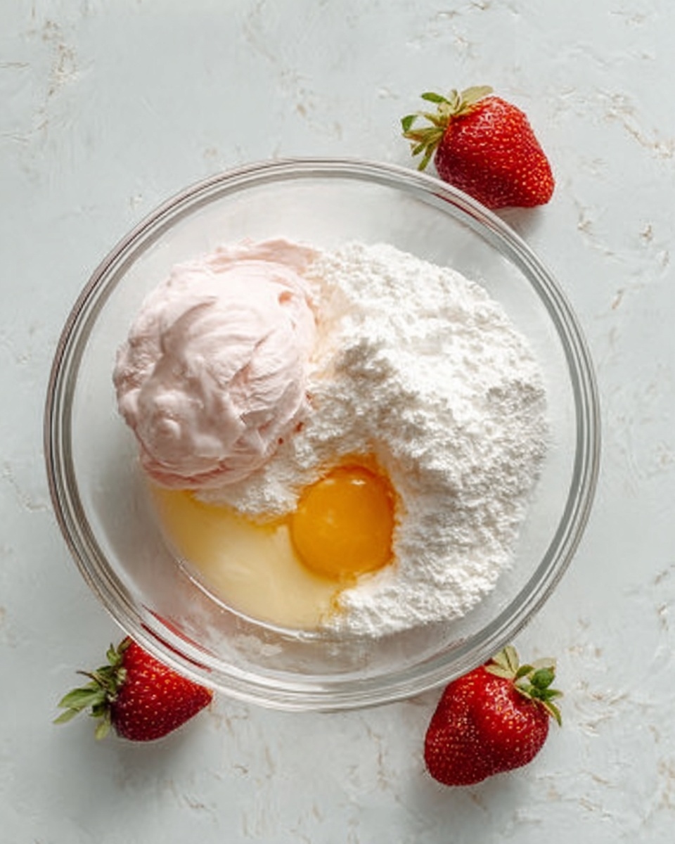 A clear glass bowl sits on a white marbled surface, containing three main ingredients: on the left, a scoop of light pink cream; on the right, a heap of white powdered sugar with a fluffy texture; and in the center, a cracked raw egg yolk with its bright yellow color partially surrounded by egg white. Around the bowl, three fresh strawberries with green tops add a touch of red and green, resting on the white marbled surface. The overall look is clean and fresh, with soft natural light highlighting the textures of the ingredients. photo taken with an iphone --ar 4:5 --v 7