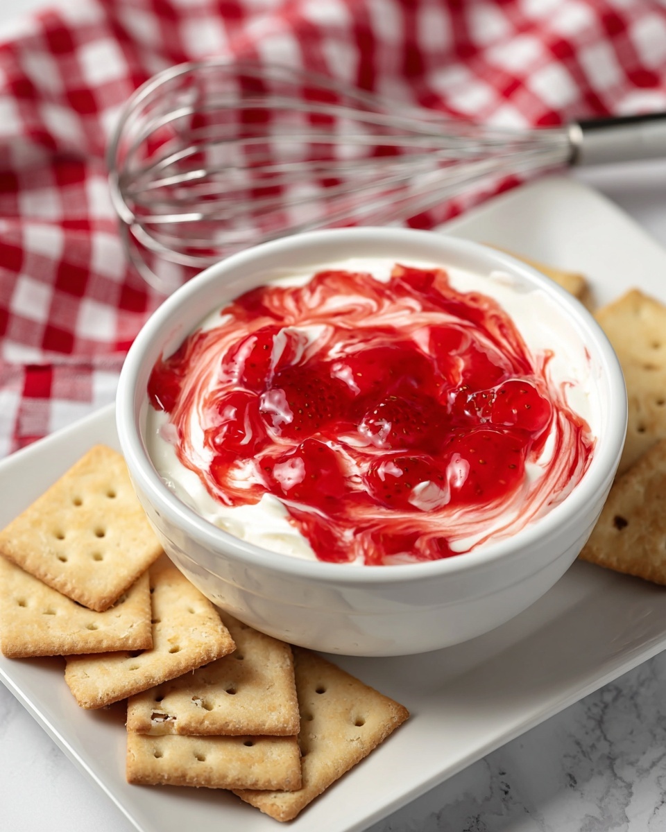 A white bowl filled with two mixed layers: a smooth white creamy layer underneath and a bright red, glossy strawberry sauce swirled on top creating a marbled effect. The bowl sits on a white rectangular plate which holds several light brown rectangular crackers with small dimples. In the background, a red and white checkered cloth is partially visible next to a shiny metal whisk on a white marbled surface photo taken with an iphone --ar 4:5 --v 7