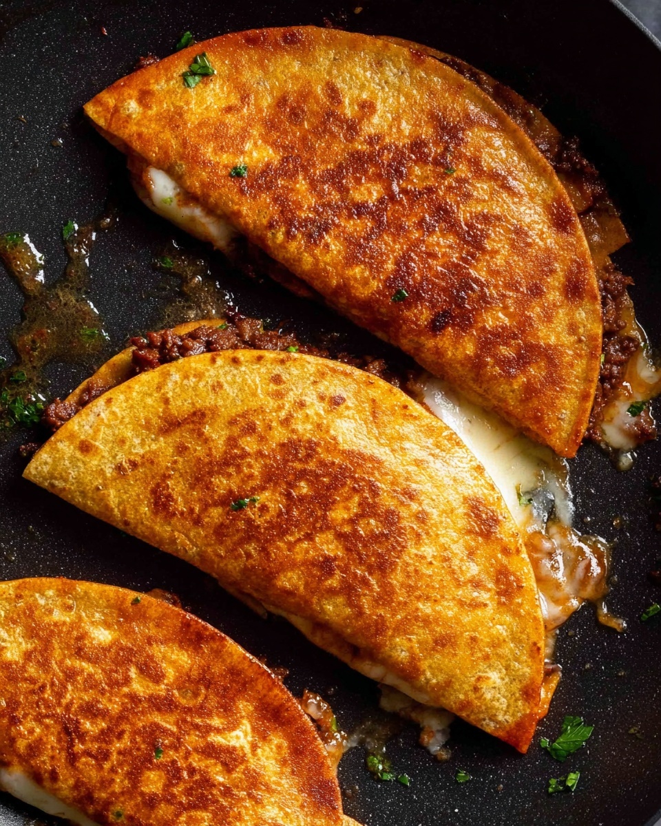 The image shows three golden brown quesadillas frying in a black pan, each folded in half around a filling. The top quesadilla has a slightly crispy, bubbly texture on its surface with hints of melted cheese peeking out gently from the edges. The bottom left quesadilla reveals a bit of dark browned meat and melted cheese inside, while the right quesadilla is also folded neatly with melted cheese oozing slightly at the edge. The pan has tiny oil spots and some small green herb pieces scattered around, giving a fresh touch. photo taken with an iphone --ar 4:5 --v 7