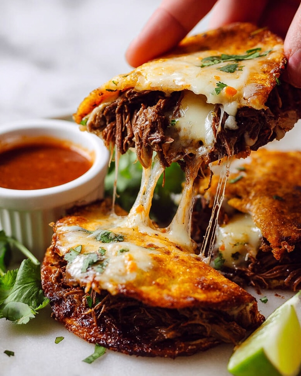 A woman's hand is lifting a golden, crispy taco filled with stretchy melted white cheese and dark brown shredded meat mixed with small bits of green herbs and orange pieces, showing the cheese pulling between the two taco layers. The tacos rest on a white surface with fresh green leaves under them. Behind, there is a white cup filled with red sauce, and a small piece of lime is visible near it. The background is a white marbled texture. photo taken with an iphone --ar 4:5 --v 7