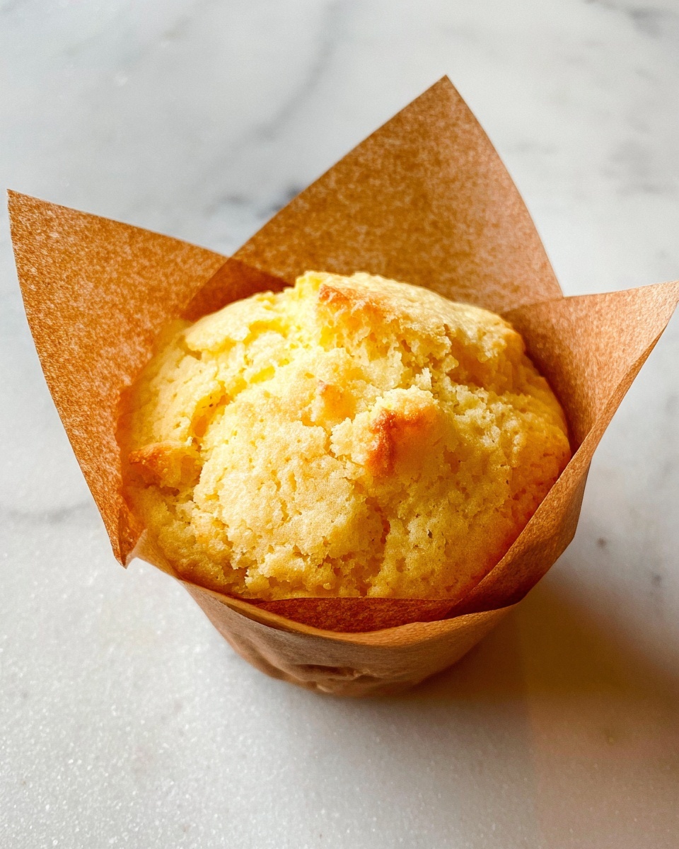 A single light yellow muffin with a rough, crumbly texture sits in a brown parchment paper liner that extends outward in four points around the muffin. The muffin looks soft and moist with small cracks on the top surface. The background is a smooth white marbled surface. photo taken with an iphone --ar 4:5 --v 7