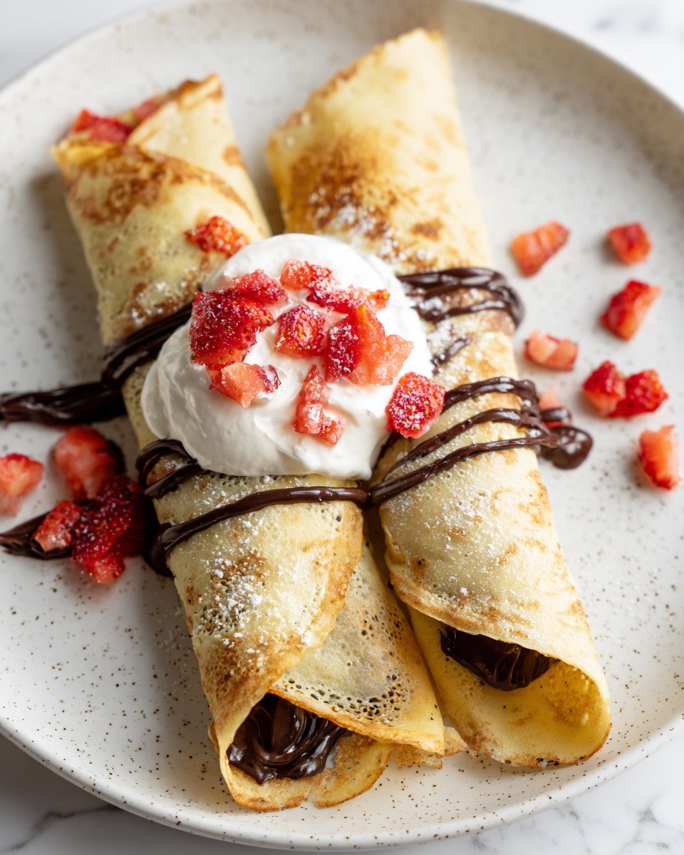 Two rolled crepes with a light golden-brown color and soft texture are placed side by side on a white plate with speckled details, which sits on a white marbled surface. The crepes are filled with dark chocolate visible at the open ends, and more chocolate is drizzled on top in thin, irregular lines. On the left crepe, a dollop of white whipped cream sits on top, adorned with small, chopped, bright red strawberry pieces scattered over it and around the plate. The overall look is neat and appetizing with a mix of warm and fresh colors, photo taken with an iphone --ar 4:5 --v 7