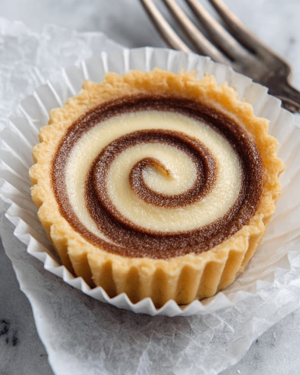 A single small tart with a light golden crust shaped in a ridged circular form holds a swirl of smooth filling inside. The filling has two colors: a creamy beige layer twisted tightly with a rich chocolate brown layer, creating a spiral pattern from the center to the edge. The tart sits on white crinkled paper within a fluted white tart liner, placed on a white marbled surface, next to a metal fork. The lighting is soft, showing the textures of the crust and filling clearly. Photo taken with an iphone --ar 4:5 --v 7