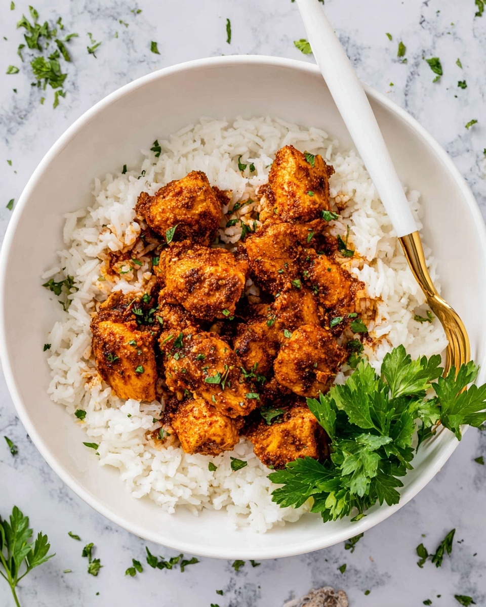 A white bowl filled with a base layer of fluffy white rice, topped with several pieces of well-seasoned, browned chicken chunks that have a slightly crispy texture and specks of green herbs scattered on them. A small bunch of curly parsley rests on the left side of the bowl, adding a fresh green contrast. The bowl is placed on a white marbled surface with small green herb pieces scattered around it. A white-handled fork with a gold tip lies next to the bowl. photo taken with an iphone --ar 4:5 --v 7