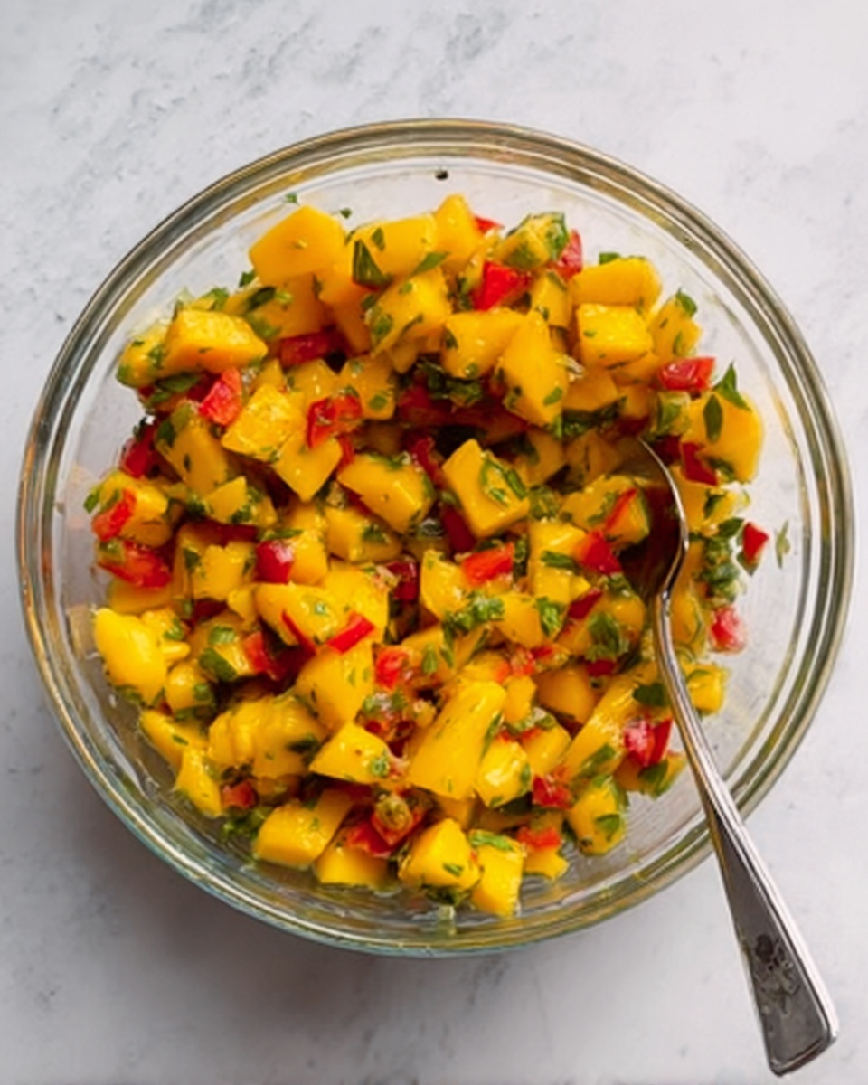 The image shows a clear glass bowl filled with a colorful salad. The salad has small yellow cubes of mango, red pieces of bell pepper, and tiny green bits of herbs mixed evenly. The colors are bright and fresh, with the yellow mango being the main layer, sprinkled with red and green layers on top. A metal spoon is placed inside the bowl on the right side, resting against the bowl's edge. The bowl sits on a white marbled surface. The photo was taken with an iphone --ar 4:5 --v 7
