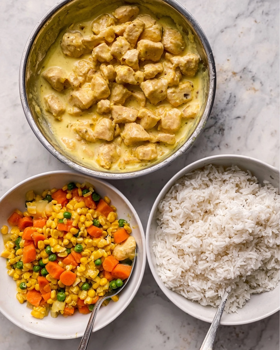 The image shows three white bowls on a white marble surface. The top left bowl contains a creamy yellow sauce with small chunks of cooked chicken pieces in it, arranged across the bowl with a soft texture. The bottom left bowl holds a mixture of diced orange carrots, yellow corn, and small green peas. The bowl at the right side is filled with fluffy white rice, with visible grains loosely piled up inside. The colors in the image contrast between the pale white rice, bright vegetable mix, and golden chicken curry. A spoon rests inside the vegetable bowl and a woman's hand is holding the edge of the top left bowl. photo taken with an iphone --ar 4:5 --v 7