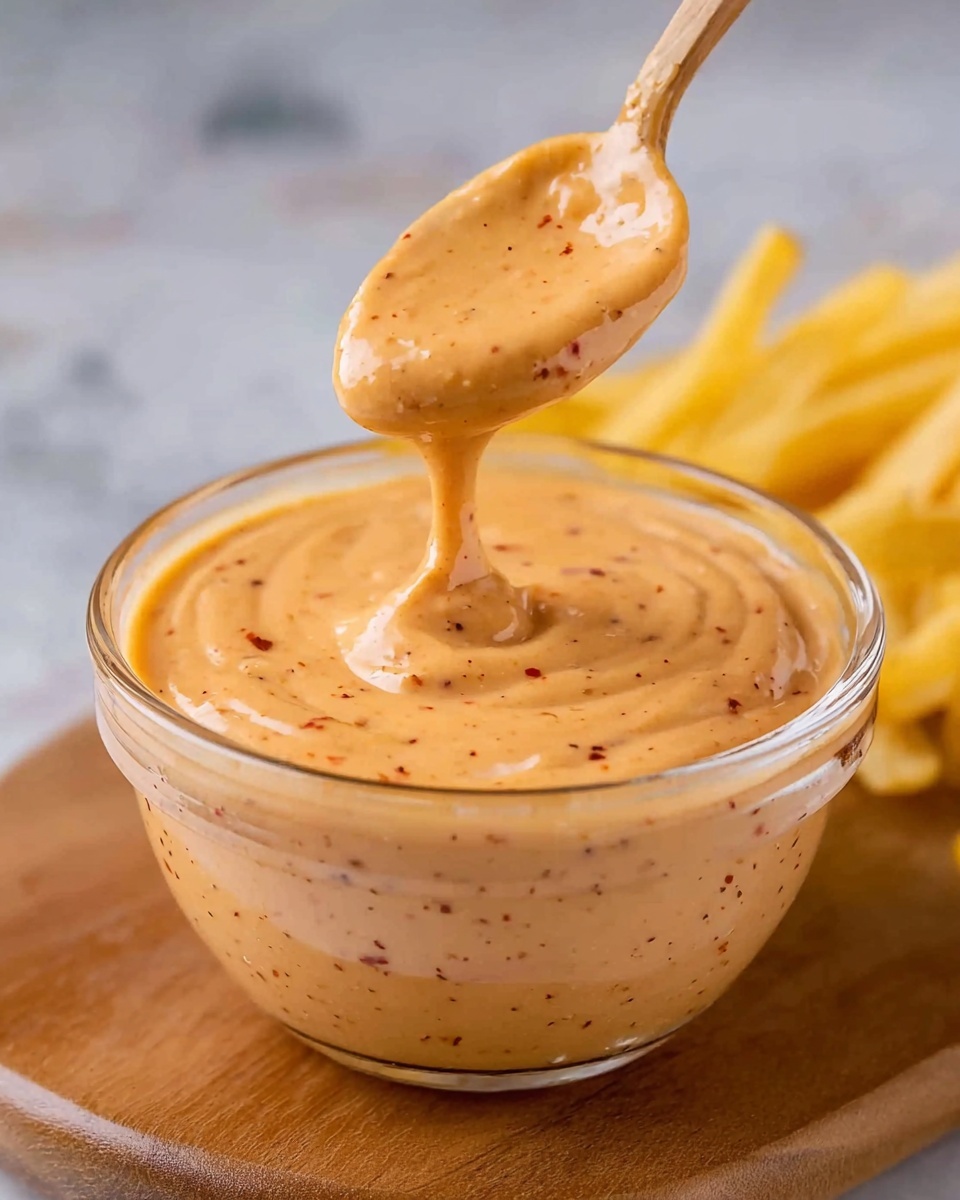 A clear glass bowl filled with a thick creamy sauce that is light orange with small red and darker brown specks. A spoon with some of the sauce dripping off it is held above the bowl, showing the sauce's smooth and slightly thick texture. The bowl sits on a wooden board, and blurred yellow fries are visible in the soft background. The surface under the board is a white marbled texture photo taken with an iphone --ar 4:5 --v 7