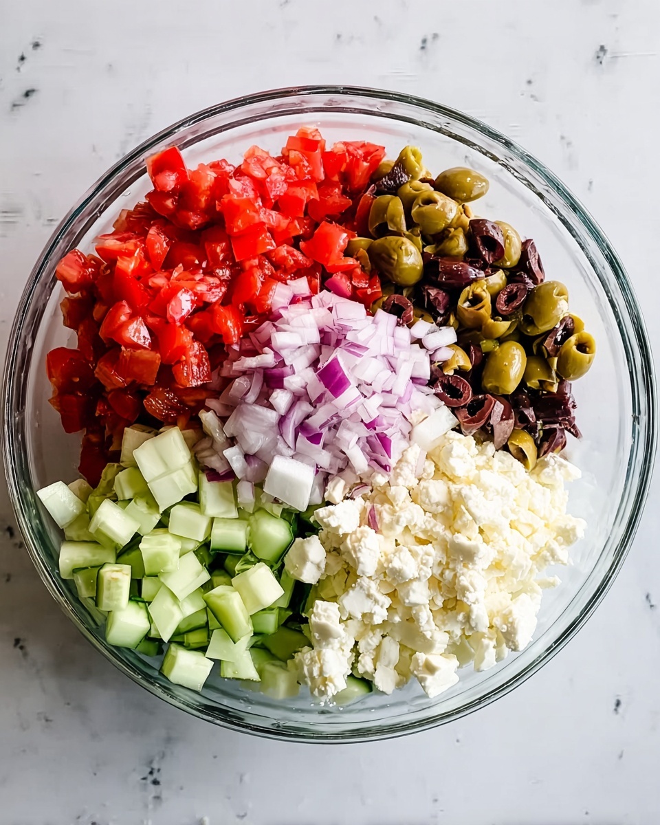 A clear glass bowl on a white marbled surface holds five layers of chopped ingredients arranged side by side. Starting from the top left, there are bright red chopped tomatoes, next to finely diced light purple onions at top center. To the top right, there are a mix of dark and green sliced olives. Below the olives and onions, there is a large pile of white, crumbly cheese. Finally, at the bottom left, there are small cubes of green cucumber. Each ingredient is fresh and clearly separated, showing a mix of colors and textures in the bowl photo taken with an iphone --ar 4:5 --v 7