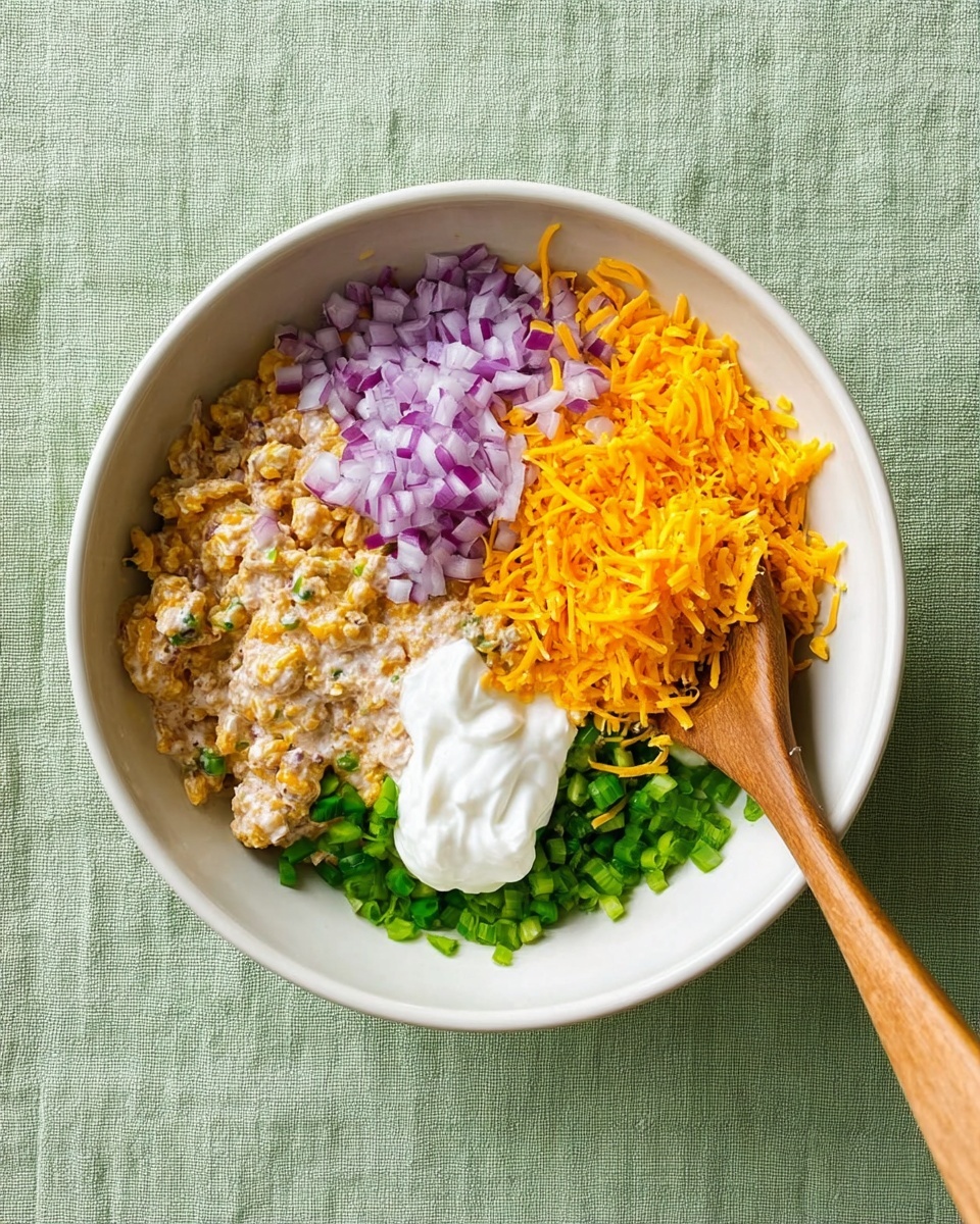 A white bowl holds four separate layers of ingredients: at the bottom is a chunky, light beige mixture, topped by finely chopped purple onions on the left, shredded bright orange cheddar cheese on the right, and small chopped green peppers at the bottom; a dollop of white sour cream sits near the cheese, with a wooden spoon resting inside the bowl on the right side. The bowl is placed on a light green fabric surface with a subtle texture. Photo taken with an iphone --ar 4:5 --v 7