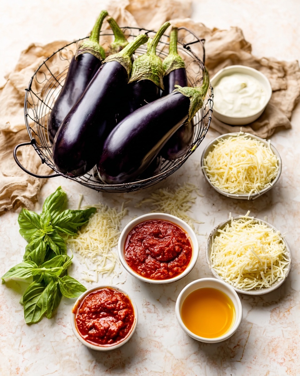 A white wire basket holds three shiny dark purple eggplants with green stems, sitting on a white marbled surface. Around the basket, there are small white bowls arranged in a semi-circle, each filled with different ingredients: bright red tomato sauce, shredded pale yellow cheese, shredded white cheese, creamy off-white sauce, olive oil, and a bright orange-red liquid. There is also a small bunch of fresh green basil leaves inside the basket. A woman’s hand is gently touching the basket handle. The background is covered with a light brown cloth beside the bowls. photo taken with an iphone --ar 4:5 --v 7