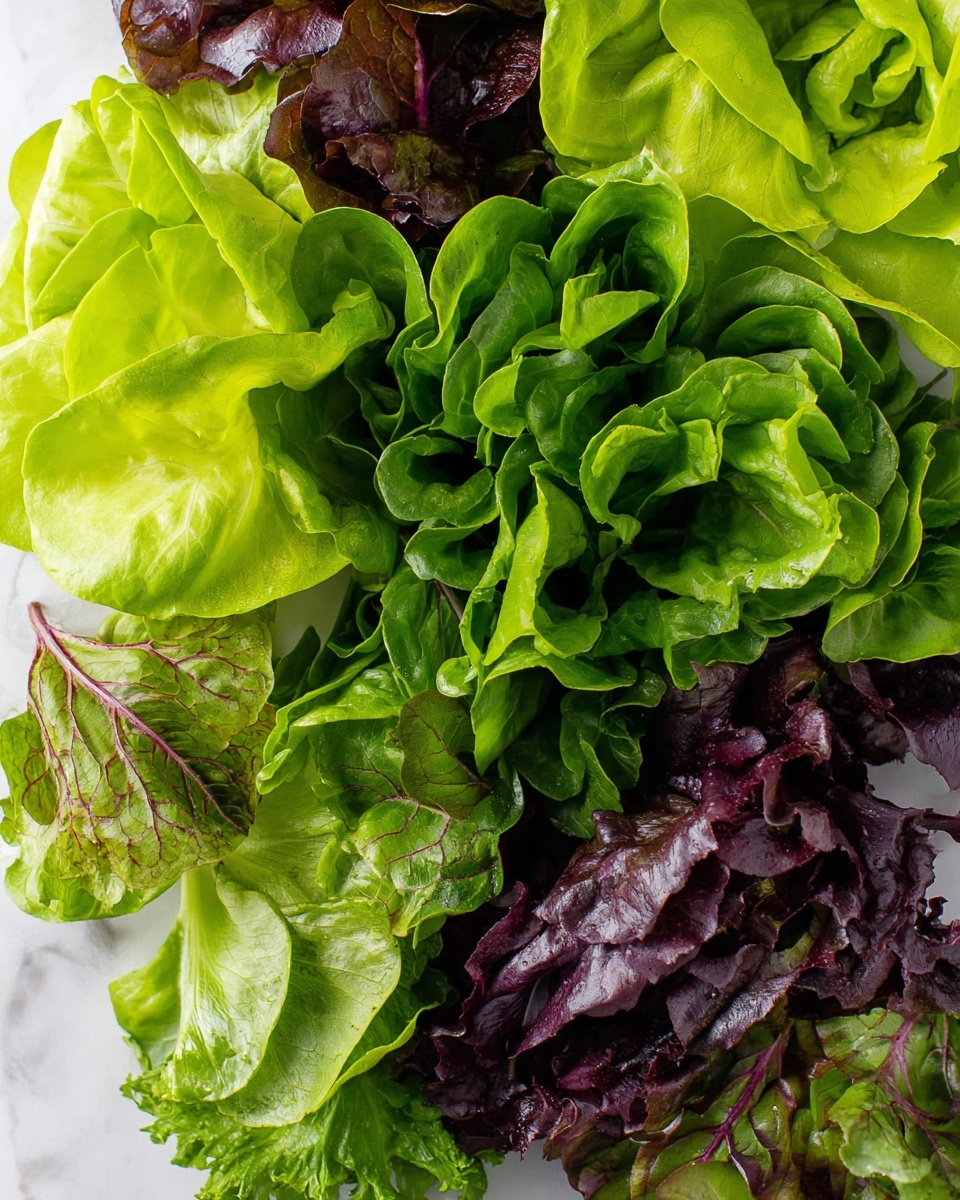A mix of fresh green and purple lettuce leaves fills the image, showing several layers of different lettuce types. The bottom layer has dark purple leaves with smooth textures, scattered beneath bright light green, curly leafy lettuce in the middle. On top, there are smooth, pale green lettuce leaves with a soft, natural curve. The leaves overlap, creating a rich mix of colors and textures, lying on a white marbled surface. Photo taken with an iphone --ar 4:5 --v 7