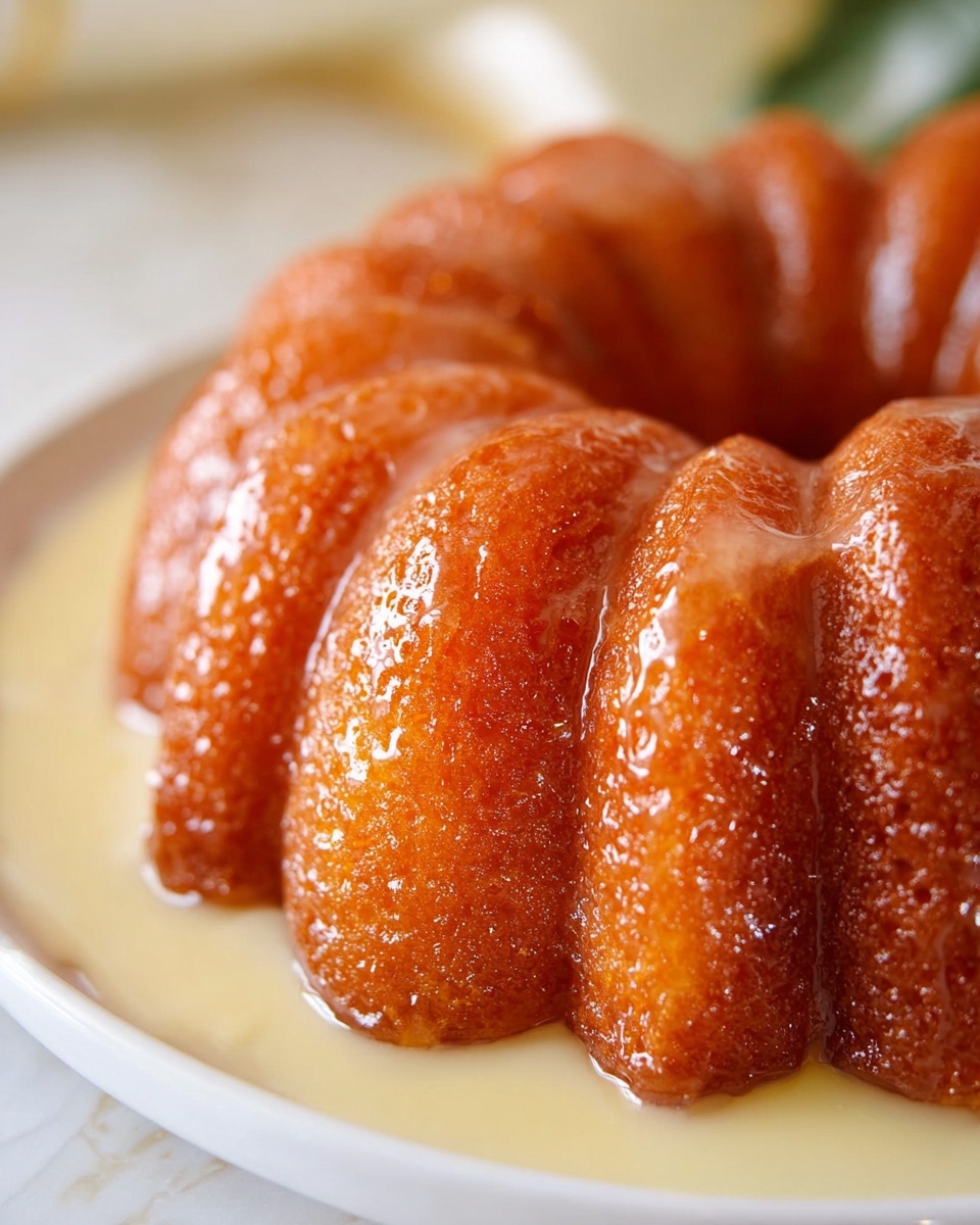 The image shows a close-up view of a shiny bundt cake with a rich golden-brown caramelized crust, placed on a white plate. The cake features deep, rounded ridges formed by the bundt shape, each ridge coated with a glossy glaze that reflects light, making the texture look sticky and smooth. A pale, creamy sauce pools around the base of the cake, contrasting with its dark, caramel top. The background is softly blurred with a white marbled texture underneath the plate, adding brightness to the scene. photo taken with an iphone --ar 4:5 --v 7