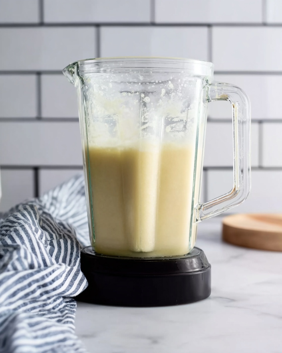 The image shows a clear glass blender jar with a handle, sitting on a black blender base. Inside the jar, a smooth, light yellowish mixture fills about half the jar, with some froth and splashes on the inside upper walls. The jar is centered on a white marbled surface, with a soft blue and white striped towel folded and partially visible in the foreground on the left. The background features white subway tiles with dark grout lines. Photo taken with an iphone --ar 4:5 --v 7