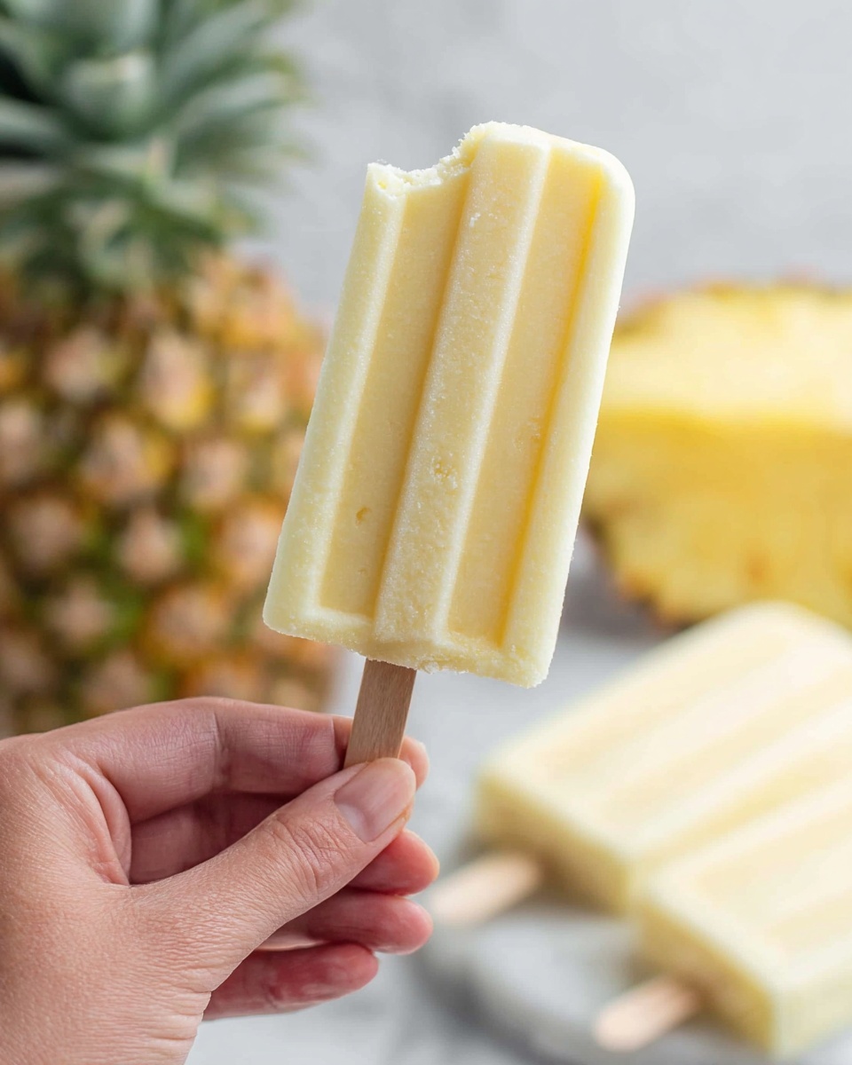 A close-up image shows a pale yellow pineapple popsicle with a small bite taken from the top right corner. The popsicle has three vertical ridges and a smooth texture. It is held by a woman's hand gripping a natural wooden stick. In the blurred background, a whole pineapple is visible along with another similar pineapple popsicle laying flat on a white marbled surface. The scene is bright and fresh with a light neutral background. photo taken with an iphone --ar 4:5 --v 7