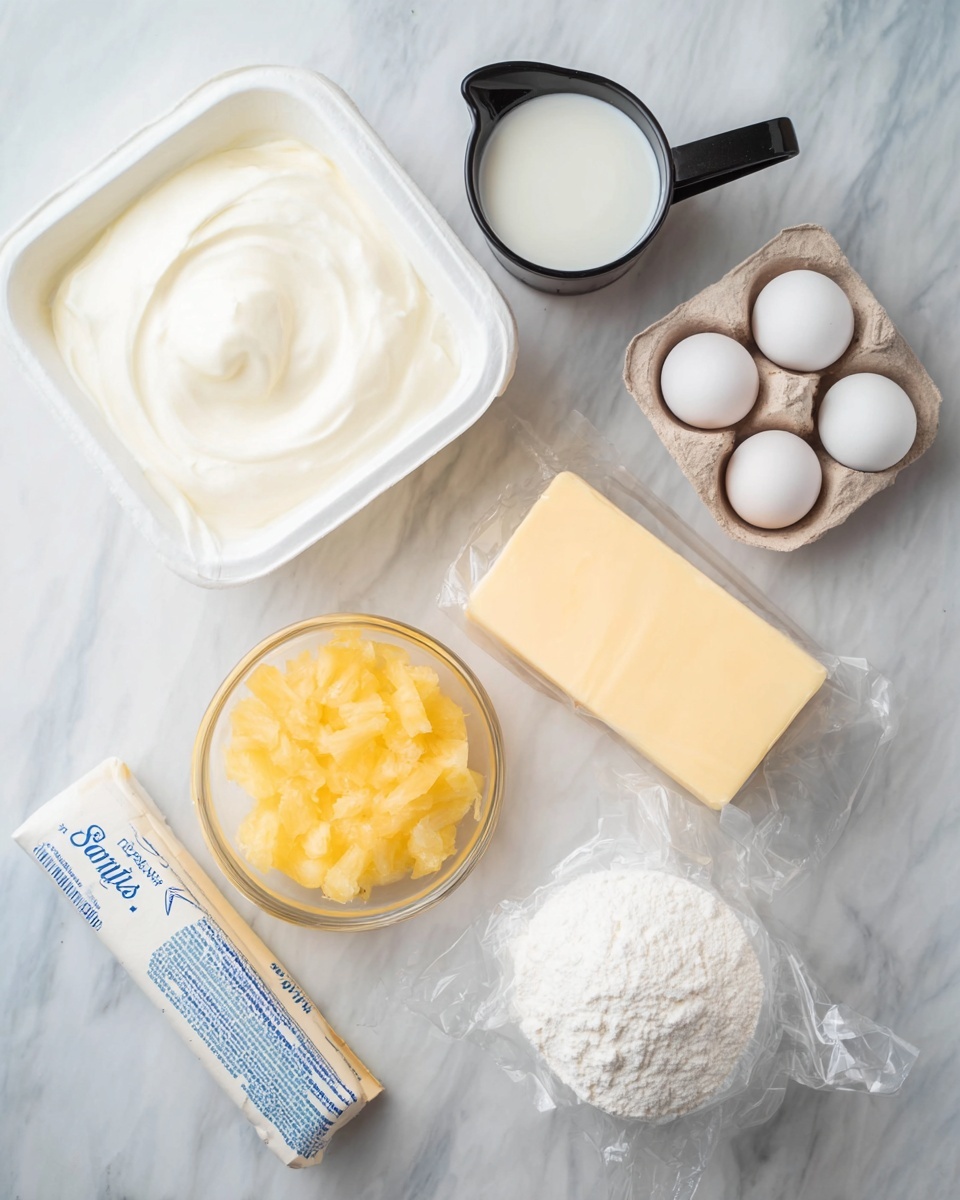 The image shows a white marbled surface with several baking ingredients arranged neatly. There is a white tub filled with smooth white cream, a white egg carton holding three white eggs, a black measuring cup filled with milk, a clear round bowl with yellow crushed pineapple, a stick of butter wrapped in paper with blue writing, and a clear plastic bag of white flour resting flat. The items are placed in a somewhat circular pattern, showing a mix of solid, creamy, and powdery textures. photo taken with an iphone --ar 4:5 --v 7