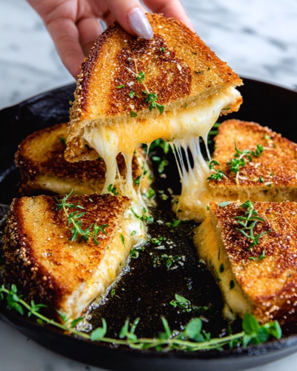 The image shows two thick grilled cheese sandwiches stacked on a white marbled surface. Each sandwich has two golden brown, crispy breads with an even crunchy texture on the outside. Between the bread layers, lots of melted white cheese oozes out, looking creamy and smooth. Small green herbs are sprinkled on top of the sandwiches and melted cheese. The sandwiches are cut into halves, showing the cheese stretching between the two pieces. The photo was taken with a woman's hand gently holding the top sandwich. Photo taken with an iphone --ar 4:5 --v 7