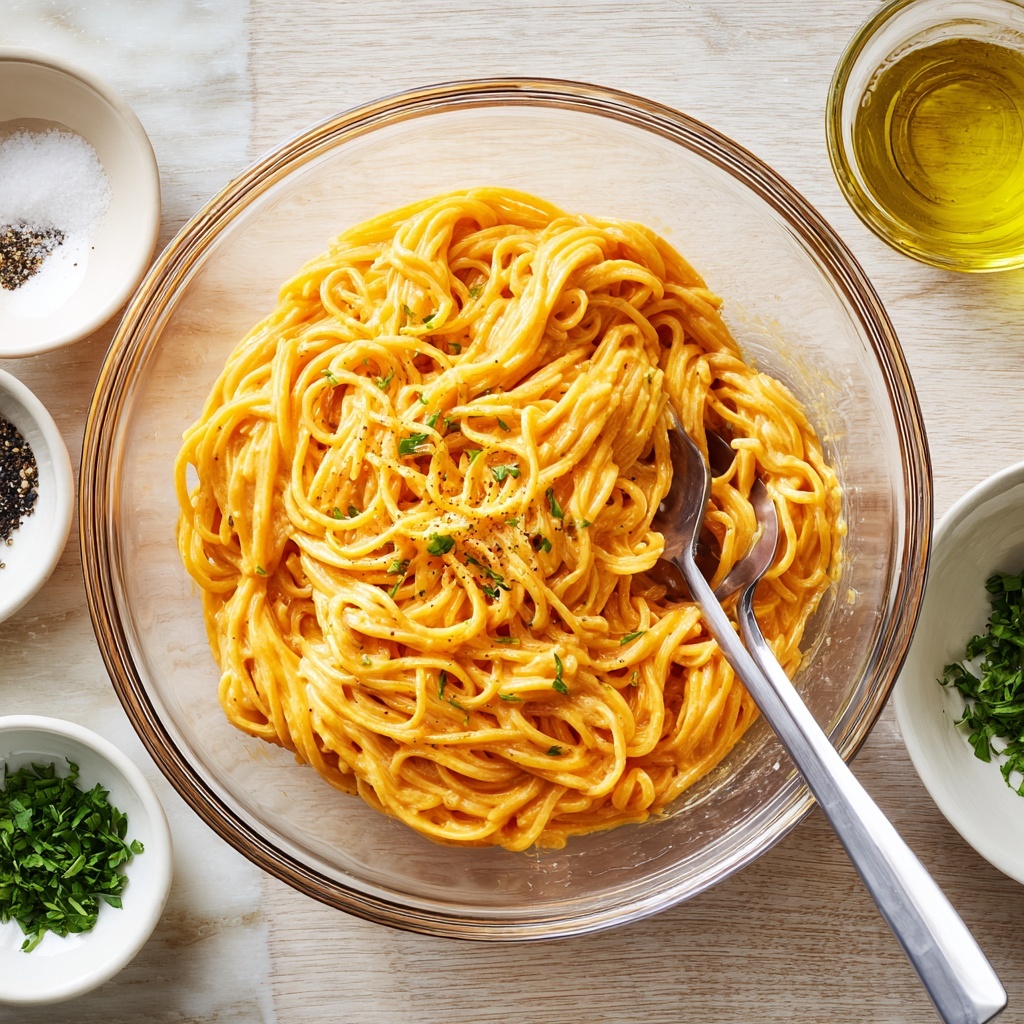 The image shows a clear glass bowl filled with a creamy orange macaroni and cheese dish. The pasta has a smooth sauce coating, making it look soft and rich. Two silver spoons are placed in the bowl, one resting inside and the other on the edge. Around the bowl, there are four small white bowls on a light wooden table, each containing different ingredients – bright green chopped herbs, a small amount of oil, black pepper, and coarse salt. The scene is bright with natural light, focusing on the colorful food and white marbled surface underneath. Photo taken with an iphone --ar 4:5 --v 7