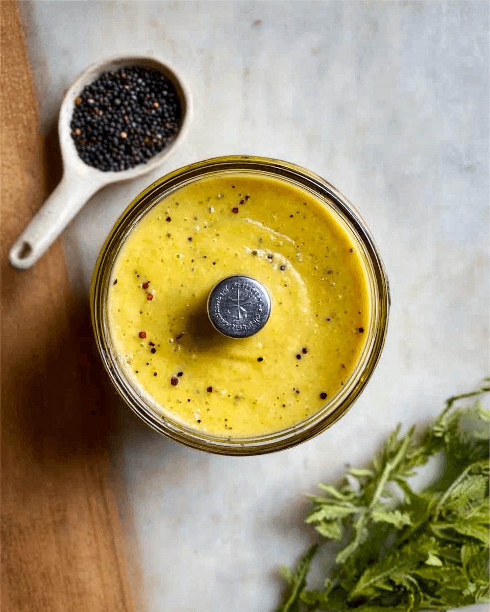 A top view of a transparent round container filled with a smooth yellow sauce with small black and red specks inside, showing a shiny metallic center blade in the middle, placed on a white marbled surface alongside a small white ceramic spoon holding black seeds and a small bunch of green herbs on the right side. Photo taken with an iphone --ar 4:5 --v 7