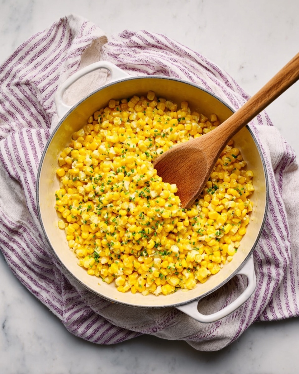 A round white pot filled with cooked yellow corn kernels mixed with small green herbs. A wooden spatula is placed inside the pot, scooping some of the corn. The pot sits on a soft white and purple striped towel on a white marbled surface. The colors of yellow corn, green herbs, and light wood contrast with the clean background and soft fabric texture. Photo taken with an iphone --ar 4:5 --v 7