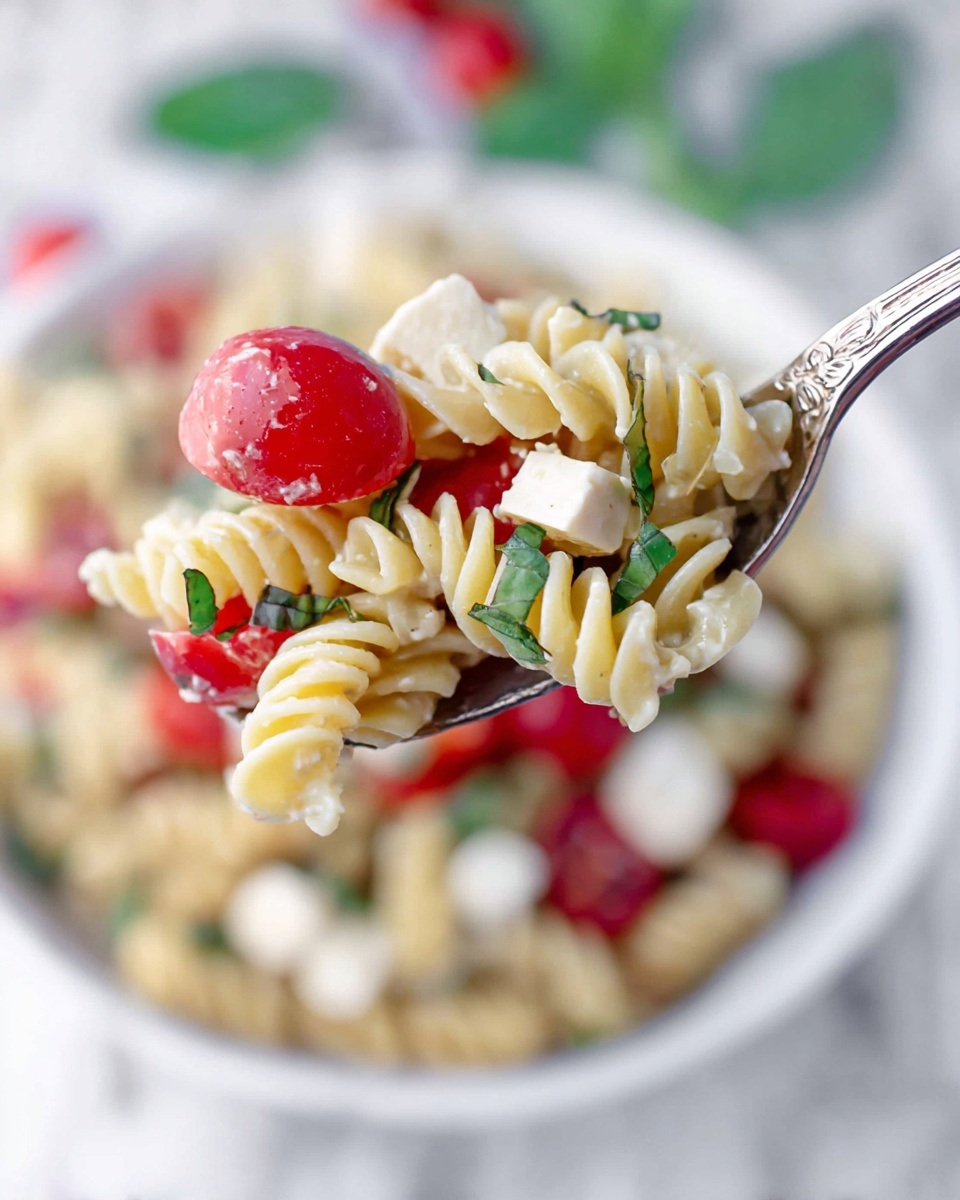 The image shows a close-up of a spoon filled with rotini pasta, cut cherry tomatoes, and thin strips of green basil. The pasta is pale yellow with a soft texture, while the cherry tomatoes are bright red and juicy, positioned on top of and between the pasta spirals. The green basil adds a fresh touch, scattered within the spoon. Below, a white bowl holds more of the same pasta salad with visible layers of creamy cheese cubes and additional cherry tomatoes mixed in, all set against a white marbled surface with faint green and red blurred elements adding color in the background. Photo taken with an iphone --ar 4:5 --v 7