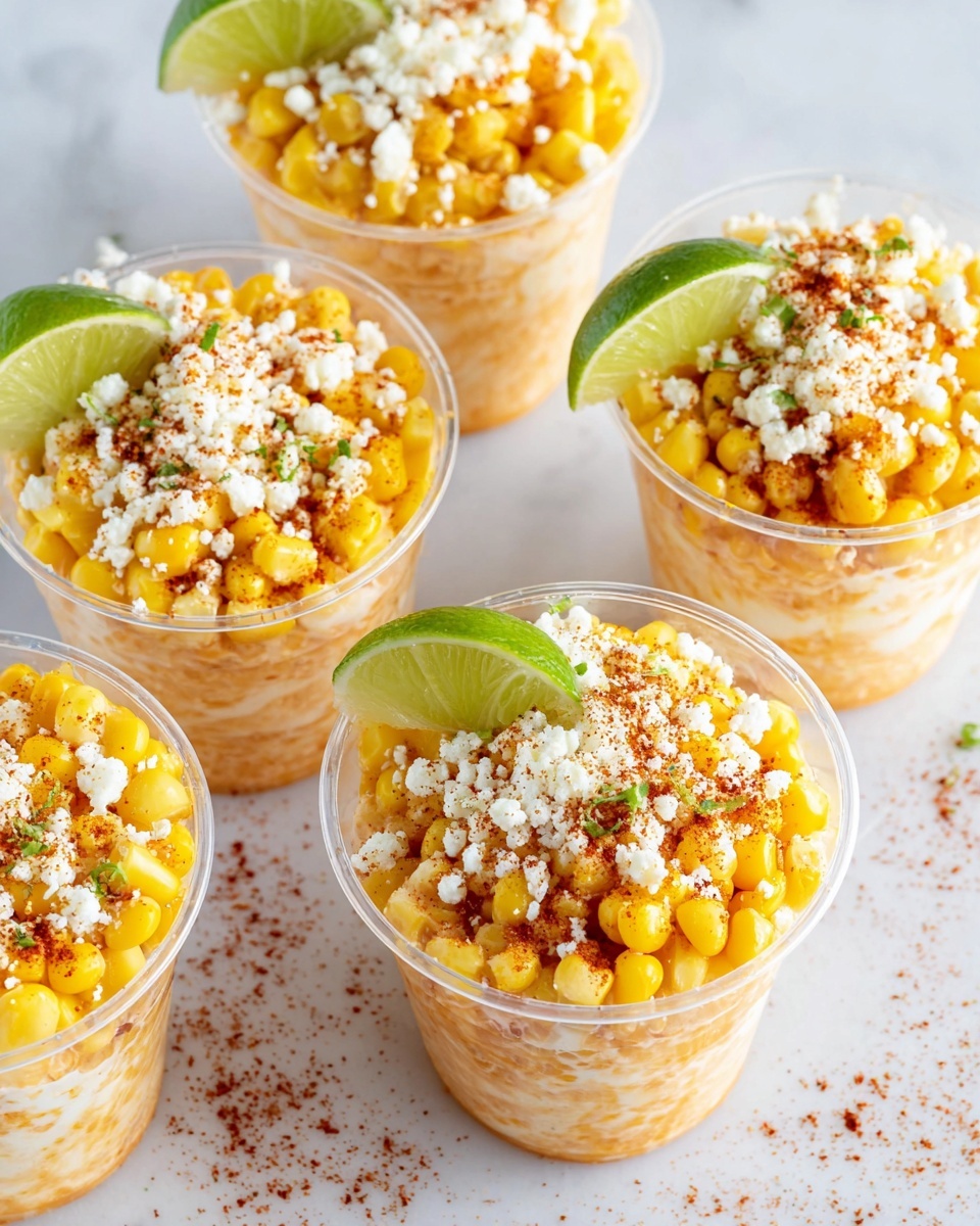 The image shows five clear plastic cups filled with a layered corn snack. Each cup has a base layer of creamy, slightly orange corn mixture topped with a bright yellow whole corn kernel layer. Above the corn kernels is a generous sprinkle of white crumbly cheese, dusted lightly with red chili powder for a bit of color and spice. Each cup is garnished with a wedge of lime, adding a fresh green color contrast. The cups are placed on a white marbled surface, with some reddish seasoning scattered around, giving a fresh and tasty look. photo taken with an iphone --ar 4:5 --v 7