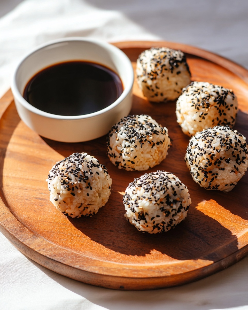 A round wooden plate holds six rice balls, each coated with black sesame seeds and having a slightly shiny, sticky texture with a light toasted color on the rice grains. Next to the rice balls on the plate, there is a white bowl filled halfway with dark soy sauce, showing smooth liquid inside. The background features a white marbled texture under soft natural light, creating gentle shadows around the objects. photo taken with an iphone --ar 4:5 --v 7