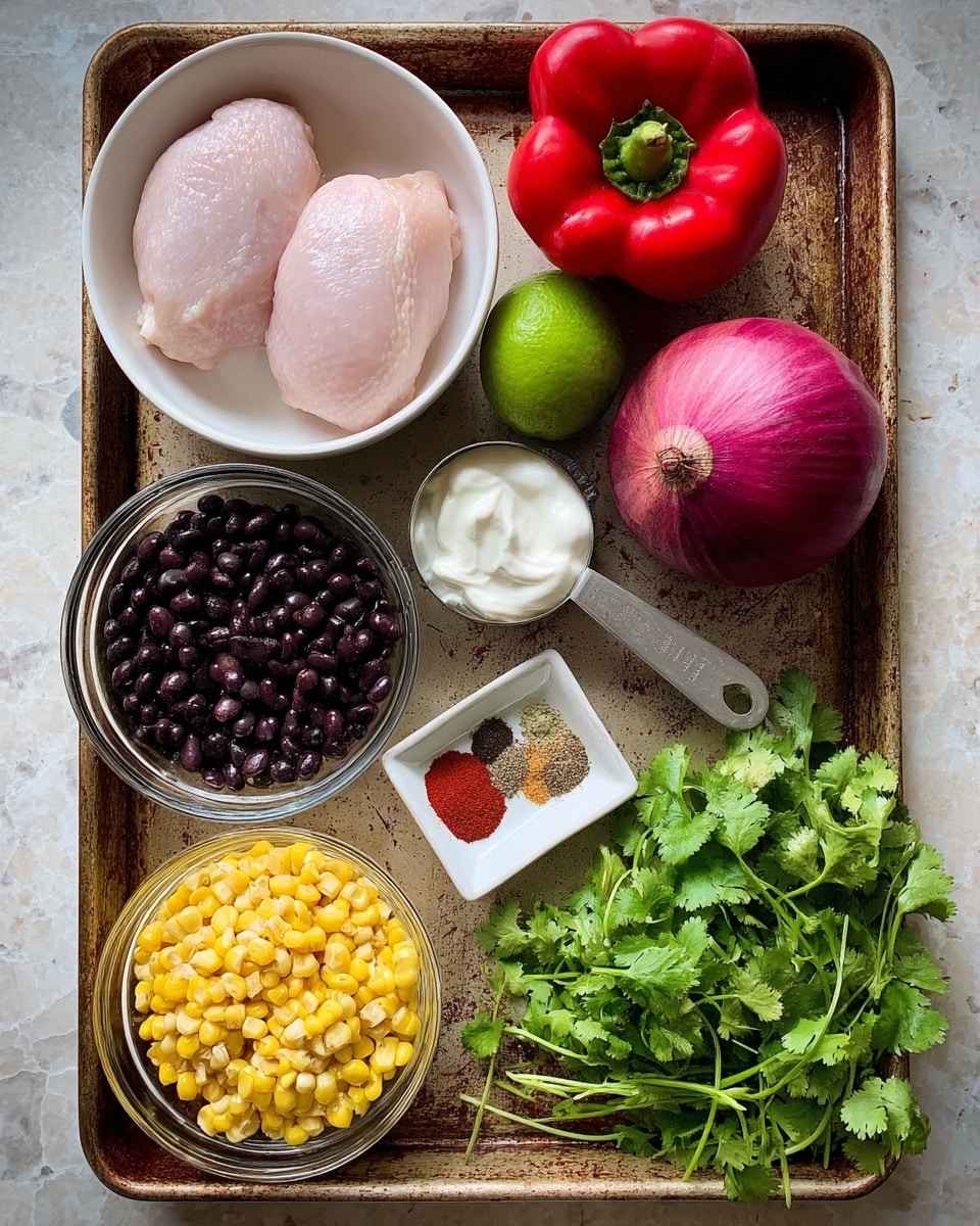 The image shows a rusty baking tray with various fresh ingredients neatly arranged. In the top left, a white bowl holds two smooth, pale pink raw chicken pieces. To the right, a large red bell pepper sits next to a whole green lime and a half red onion with deep purple skin and white rings. Below, there are two small clear glass bowls, one filled with black beans and the other with charred yellow corn kernels. A metal scoop filled with white sour cream is placed next to a small white dish that holds four different spices in red, brown, and green shades. Fresh bright green cilantro bunches are spread across the bottom right corner on a white marbled surface. Photo taken with an iphone --ar 4:5 --v 7