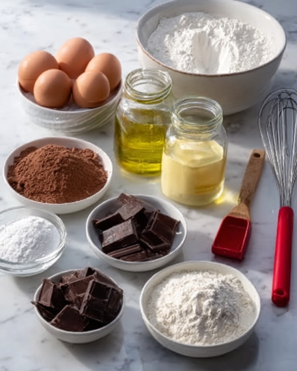 The image shows a white marbled surface with baking ingredients carefully arranged. There are bowls with light brown cocoa powder, white flour, and dark chocolate chunks placed in the front. Behind them are glass jars filled with white sugar and a light yellow liquid, possibly oil or honey. Three brown eggs sit next to the jars. In the back, a large empty white bowl is ready for mixing. Utensils like a metal whisk, a wooden spoon, and a red spatula lie on the surface near the ingredients. The bright natural light highlights the colors and textures of the ingredients clearly. photo taken with an iphone --ar 4:5 --v 7
