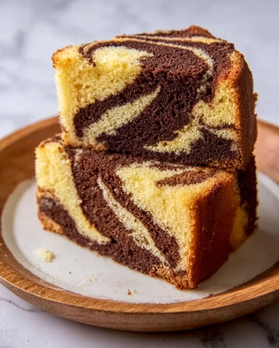 The image shows two slices of marble cake stacked on top of each other on a white plate with a wooden base. Each slice has two main layers: one light yellow and one dark brown, mixed in a swirled pattern inside the cake. The cake's top surface has wide swirls of light and dark brown colors, creating a marbled effect. The texture of the cake looks soft and slightly crumbly. The background is a white marbled surface. Photo taken with an iphone --ar 4:5 --v 7