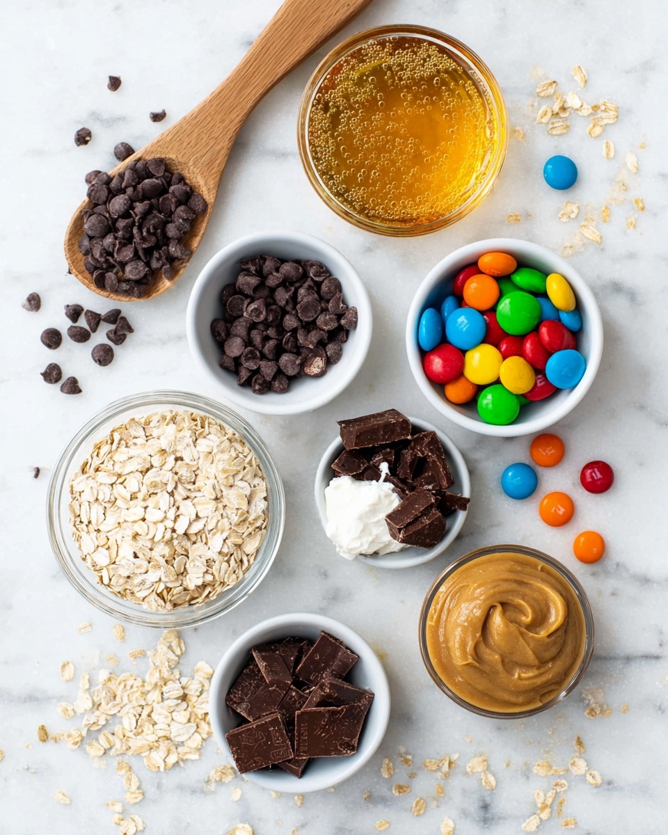 The image shows seven small containers and a wooden spoon with ingredients spread around on a white marbled surface. From the top left, the wooden spoon holds dark chocolate chips, with some scattered near it. Next to it, a small clear glass bowl contains golden honey with bubbles on the surface. To the right, a small white bowl is filled with colorful candy-coated chocolates in red, orange, yellow, green, and blue, some candy pieces are scattered nearby. Below, a small white bowl holds broken dark chocolate chunks with a dollop of white creamy substance on top. To the left of this bowl, another small white bowl is full of dark mini chocolate chips. Below that, a larger white bowl is filled with light beige rolled oats, some scattered outside the bowl. Lastly, at the bottom right, a small white bowl contains thick, light brown peanut butter. The overall setting is bright with a clean look. photo taken with an iphone --ar 4:5 --v 7