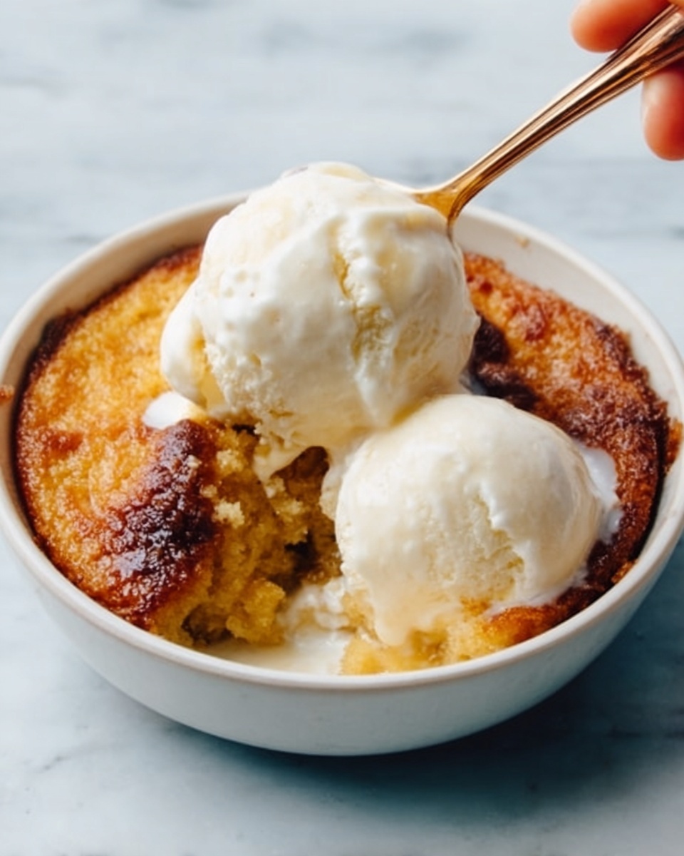 The image shows a close-up of a white bowl with a dessert inside. The bottom layer is a warm, golden-brown baked pudding with a slightly crispy texture on top. On top of the pudding, there are two smooth, white scoops of vanilla ice cream that are melting slightly. A spoon is scooping some of the ice cream and pudding together, held by a woman's hand. The bowl is placed on a white marbled surface. photo taken with an iphone --ar 4:5 --v 7
