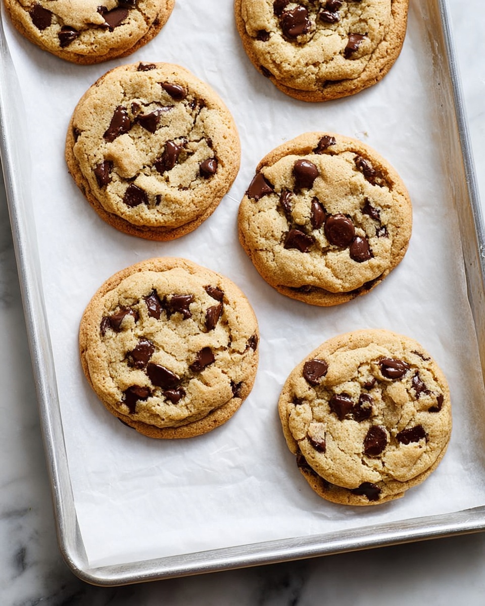 Six round chocolate chip cookies lie on a white paper sheet on a silver baking tray. Each cookie is light golden brown with a slightly cracked surface and is embedded with dark brown chocolate chips. The cookies have a soft texture with some raised edges, and gaps between chips show a smooth, slightly shiny dough. The tray rests on a white marbled surface. photo taken with an iphone --ar 4:5 --v 7