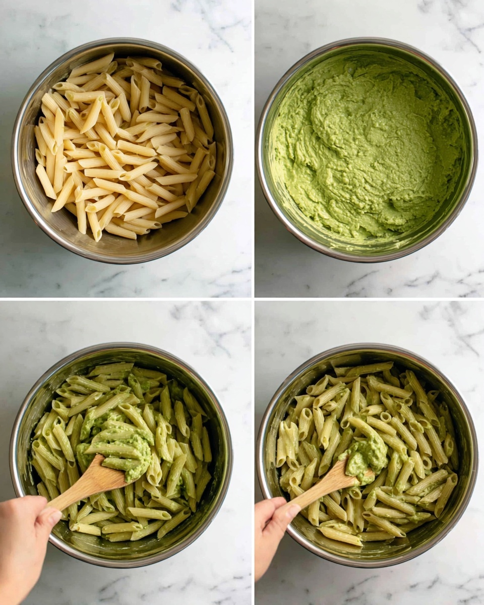 A series of four images show the step-by-step making of green sauce pasta in a metal bowl placed on a white marbled surface. The first image shows plain cooked penne pasta, creamy beige in color, filling the bottom of the bowl. The second image adds a thick layer of bright green sauce on top of the pasta mostly in the center. In the third image, a woman's hand is stirring the penne and sauce together with a wooden spoon, mixing the colors so the pasta is partly covered in sauce with a creamy, slightly chunky texture. The last image shows the penne pasta fully coated in the green sauce, evenly distributed with a smooth, shiny finish on the pasta pieces. Photo taken with an iphone --ar 4:5 --v 7
