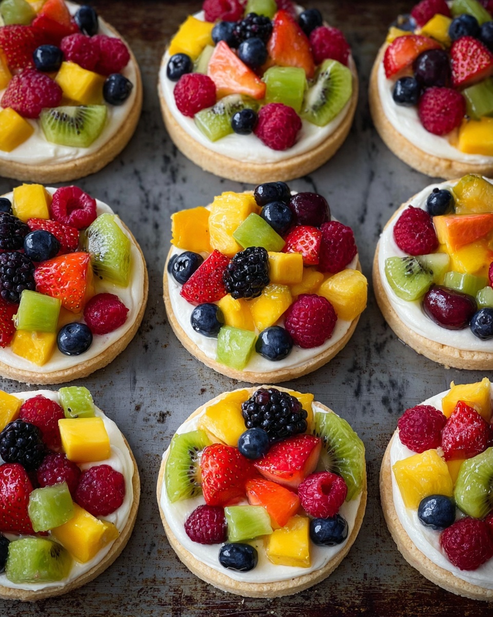The image shows a group of round fruit tarts arranged neatly on a dark baking tray. Each tart has three main layers: the bottom layer is a light tan cookie base; the middle layer is a smooth and creamy white frosting spread evenly across the cookie; the top layer is a vibrant mix of fresh fruit pieces including red strawberries, red raspberries, black blackberries, dark purple grapes, orange mango, yellow pineapple, green kiwi, and blue blueberries. The pieces of fruit are cut into small chunks or whole berries and are placed randomly but densely on the frosting, creating a bright, colorful contrast with the white middle layer and light tan base. The surface beneath the tray is changed to a white marbled texture. photo taken with an iphone --ar 4:5 --v 7