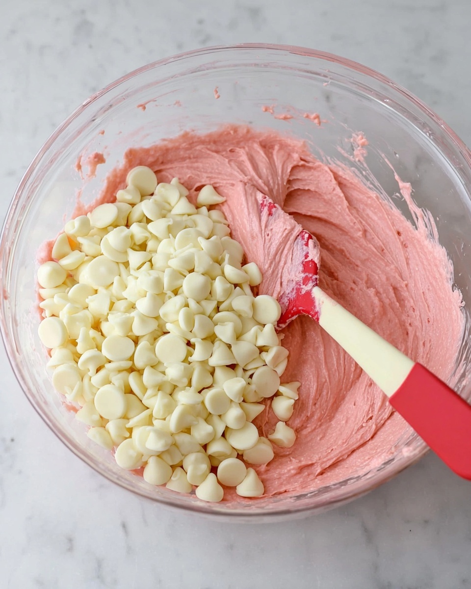 In a clear glass bowl, there is a thick, smooth pink batter filling about three-quarters of the bowl's bottom and sides. On top of the batter, a large pile of small, round white chocolate chips rests mostly on the left side of the bowl. A red spatula with a cream handle is placed on the right side, partially covered with the pink batter. The bowl sits on a white marbled surface in soft, natural light. photo taken with an iphone --ar 4:5 --v 7