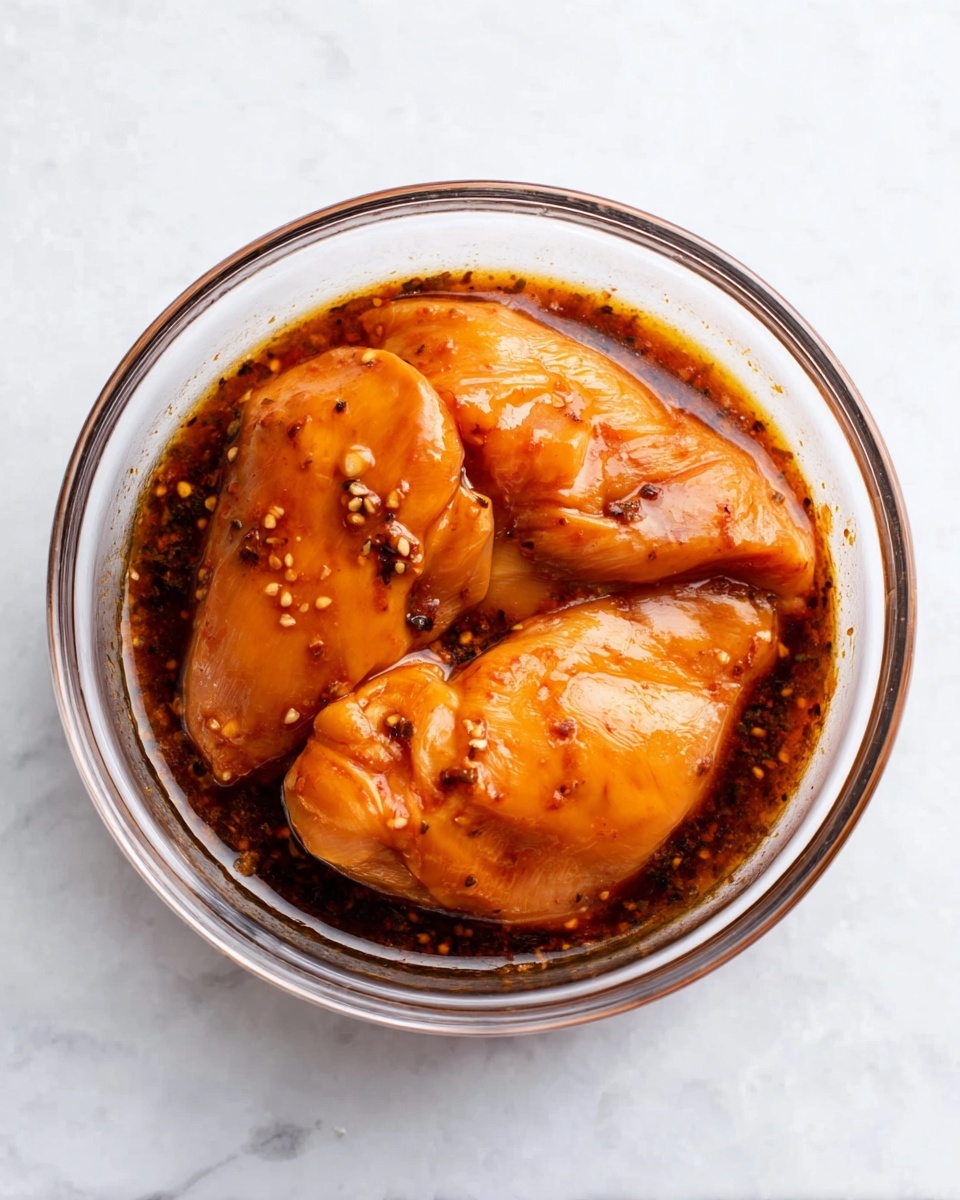 A transparent glass bowl sits on a white marbled surface, holding two large raw chicken pieces soaked in a dark brown sauce. The chicken is light orange with some darker brown patches from the sauce, and the sauce looks thick and shiny around the meat. The bowl shows the full chicken pieces from above, and the lighting makes the sauce shimmer slightly. The background and bowl are clean and simple, focusing fully on the marinated chicken. photo taken with an iphone --ar 4:5 --v 7