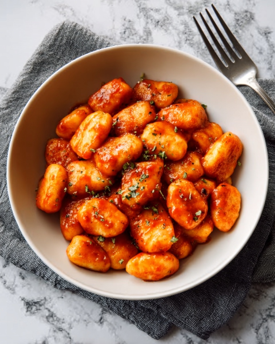 A white bowl filled with medium-sized pieces of golden brown gnocchi coated in a smooth, glossy red tomato sauce with tiny green herb bits sprinkled on top, the gnocchi are arranged closely together showing their soft, slightly chewy texture. The bowl is placed on a white marbled surface next to a gray cloth napkin and a silver fork. Photo taken with an iphone --ar 4:5 --v 7