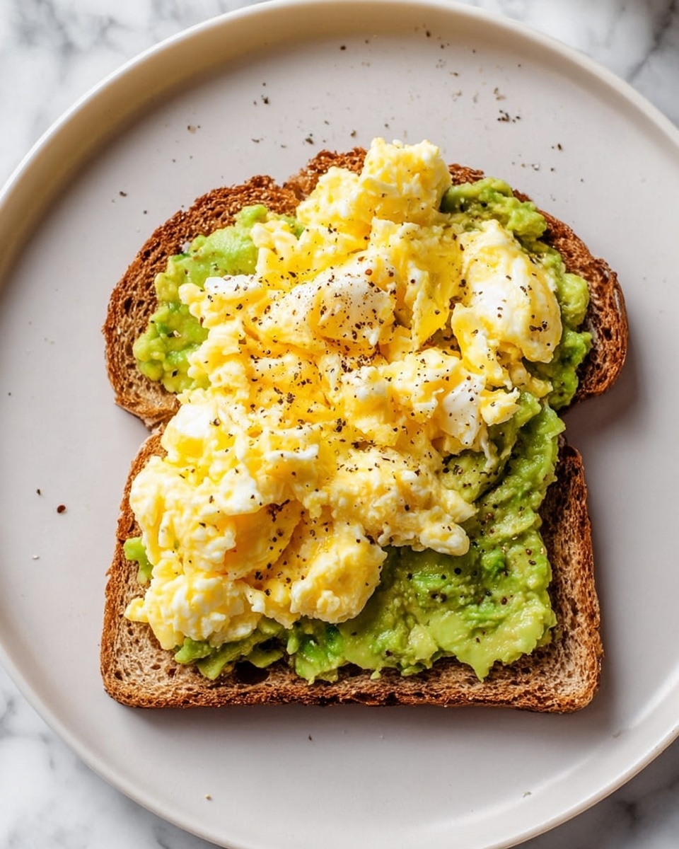 A single slice of whole grain toast forms the base layer, topped with a thick spread of mashed avocado showing a soft, creamy texture with some small chunks. On top of the avocado, there are fluffy scrambled eggs with a pale yellow and white color, lightly seasoned with black pepper sprinkled across the eggs. The toast is placed on a simple white plate set against a white marbled surface. photo taken with an iphone --ar 4:5 --v 7