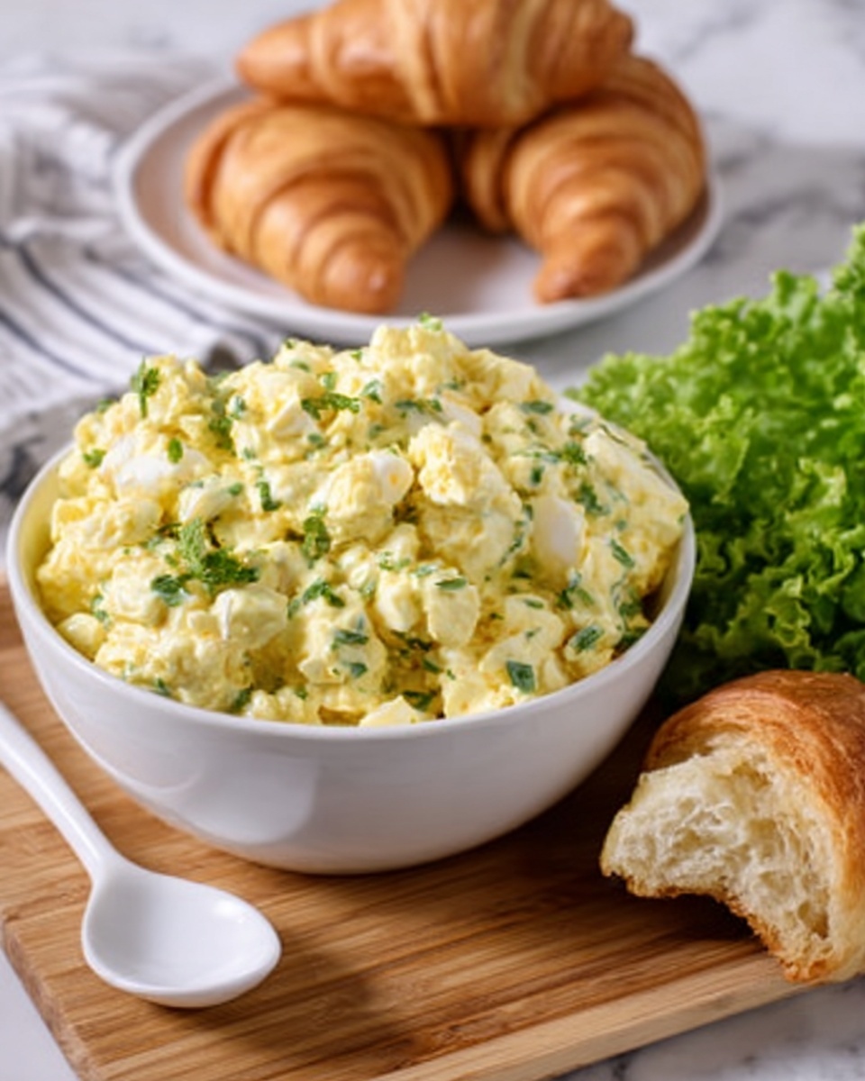 A white bowl filled with creamy egg salad made from chopped boiled eggs mixed with green herbs, showing a soft and slightly chunky texture. The bowl sits on a wooden board with a white spoon beside it. To the right, there is a torn croissant with a soft inside, and fresh green leafy lettuce behind it. In the background, two whole croissants rest on a white plate. The setting is on a white marbled surface. photo taken with an iphone --ar 4:5 --v 7