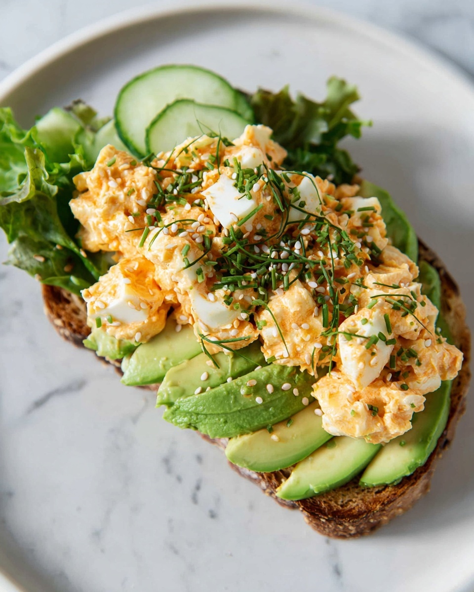 This dish shows one slice of toasted bread on a white plate with a white marbled surface beneath. On the bread is a layer of light green avocado slices fanned out, with fresh dark green leafy lettuce partially covering the avocado. On top of this is a creamy, orange-tinted egg salad mixed with chopped white eggs and sprinkled with sesame seeds and green herbs. Thin slices of cucumber peek from under the toast on the left side. The whole dish looks fresh and colorful with a mix of smooth, chunky, and leafy textures. Photo taken with an iphone --ar 4:5 --v 7