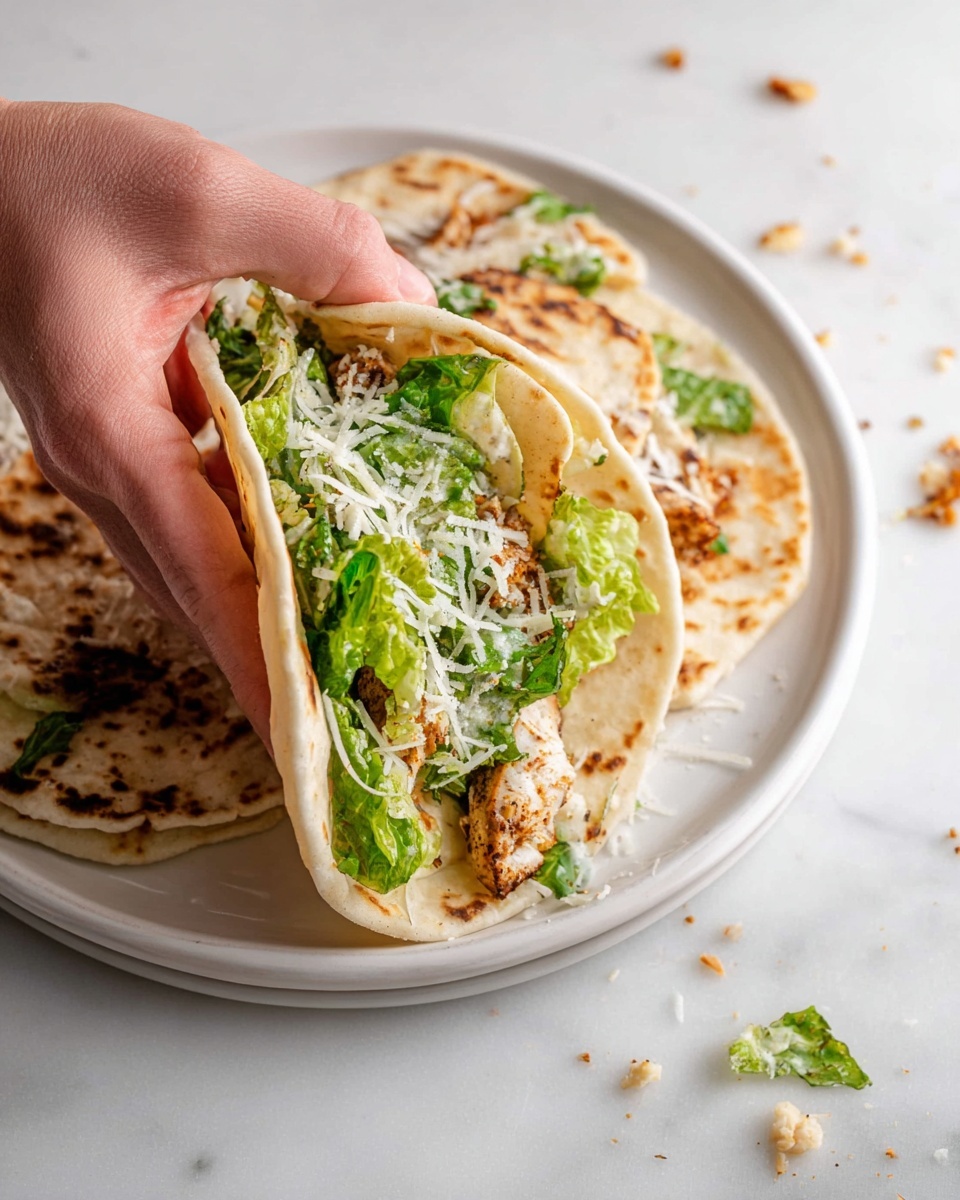 A close-up of a woman's hand holding a soft, light brown flatbread folded into a taco shape. Inside, there is a mix of green leafy lettuce and small pieces of golden-brown grilled chicken layered with thin white cheese shreds sprinkled on top. The taco rests on a plain white plate, which holds more grilled flatbreads with a slight char and additional lettuce and cheese. The scene shows small crumbs and cheese bits scattered on a white marbled surface around the plate, creating a casual and fresh look. Photo taken with an iphone --ar 4:5 --v 7