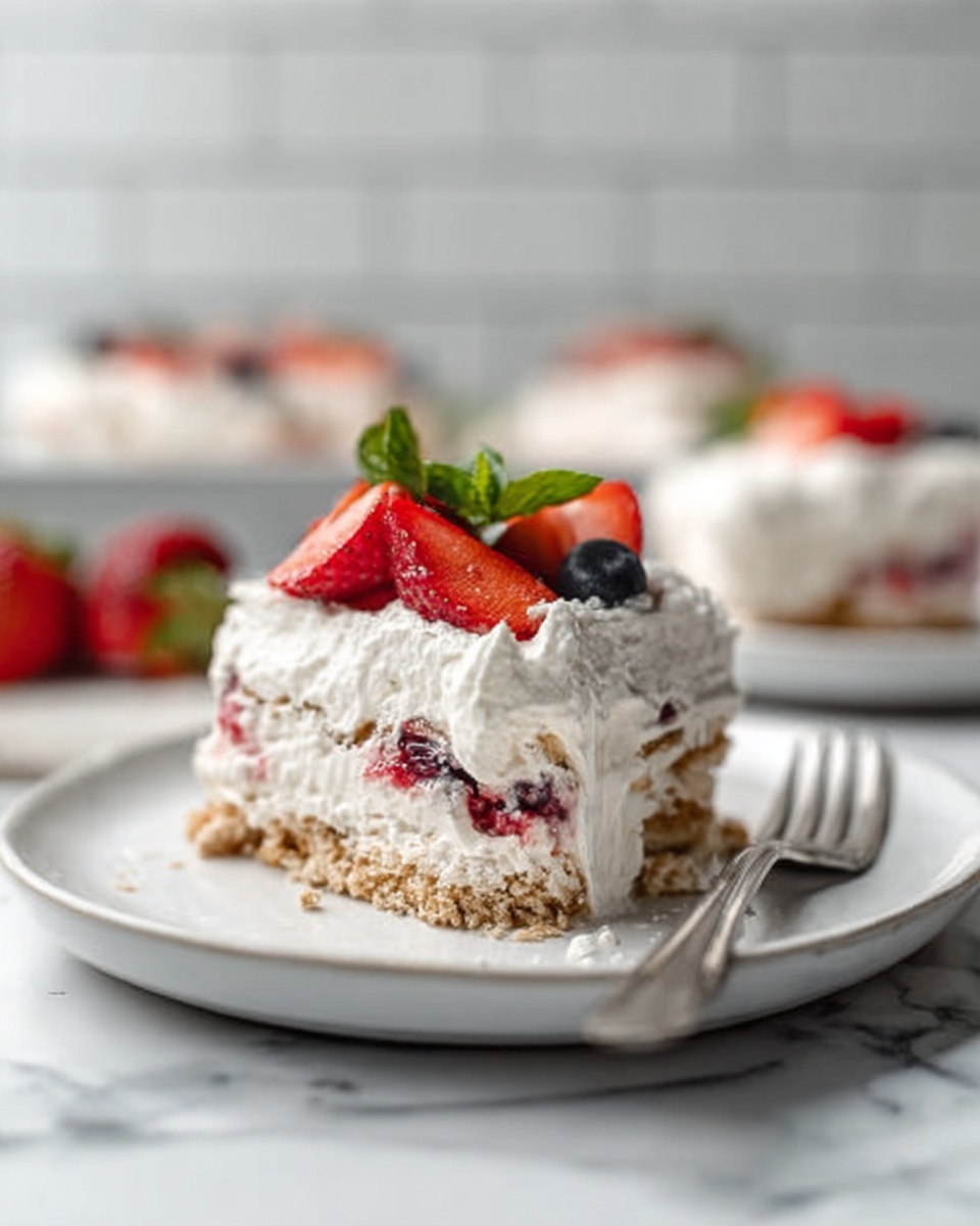The image shows a close-up slice of a layered dessert on a white plate with a white marbled surface beneath. The dessert has several layers: the bottom layer is a crumbly brown base, above that is a thick white creamy layer with visible bits of red and blue berries inside. On top of this creamy layer is a layer of whipped cream, followed by fresh whole strawberries and small green mint leaves as decoration. The background is a soft focus of more slices of the same dessert and a white tiled wall. A silver fork is placed next to the plate. The lighting is soft and natural, making the dessert look fresh and inviting. photo taken with an iphone --ar 4:5 --v 7