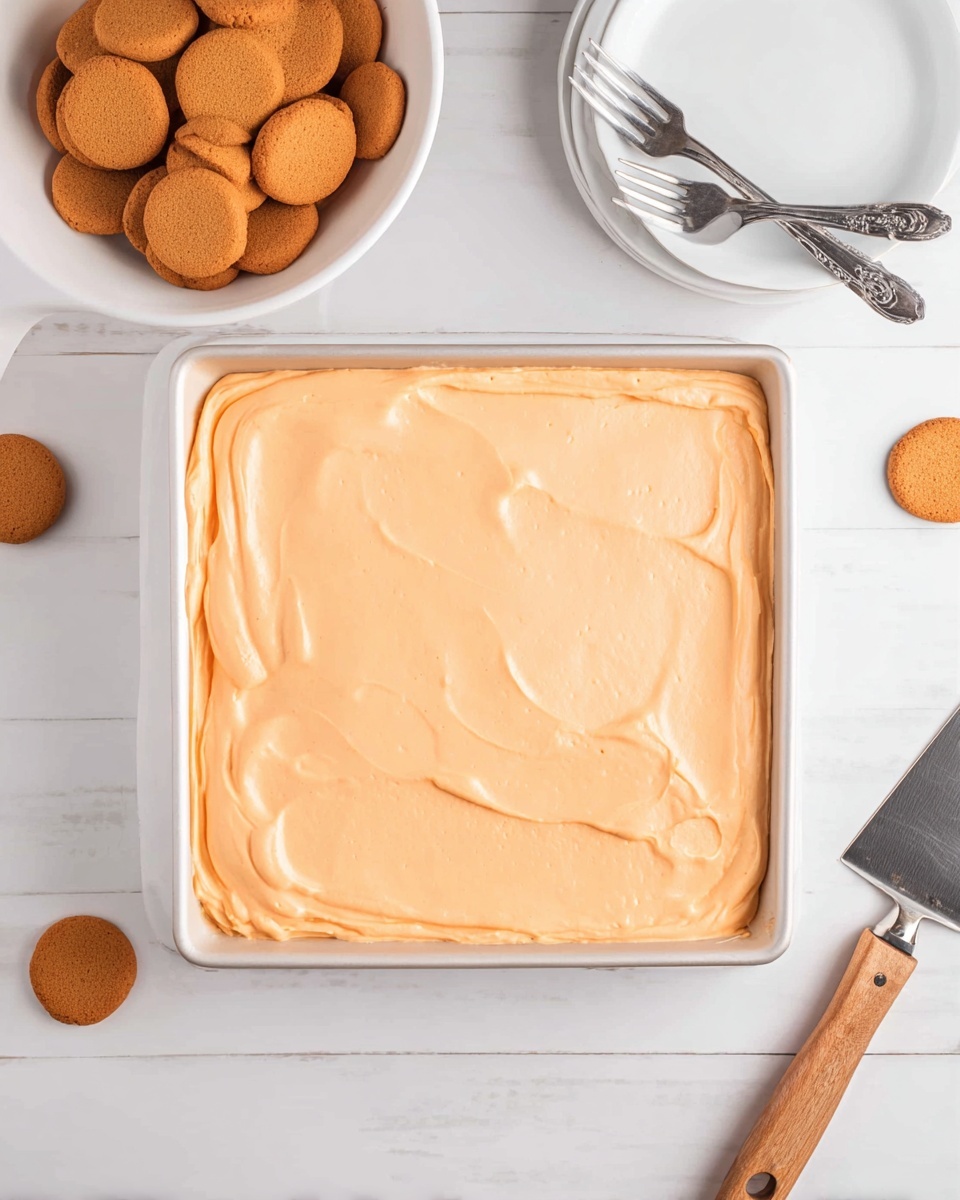 A square white baking dish filled with a smooth, light orange creamy layer that is evenly spread to the edges, resting on a white marbled surface. To the upper left, there is a white bowl filled with round, golden brown cookies, and a few cookies scattered on the surface below it. At the upper right side, there are two clean silver forks placed on a small white plate. A cake server with a wooden handle is partly visible at the lower right corner. The overall setup is simple and clean, with a soft natural light. photo taken with an iphone --ar 4:5 --v 7