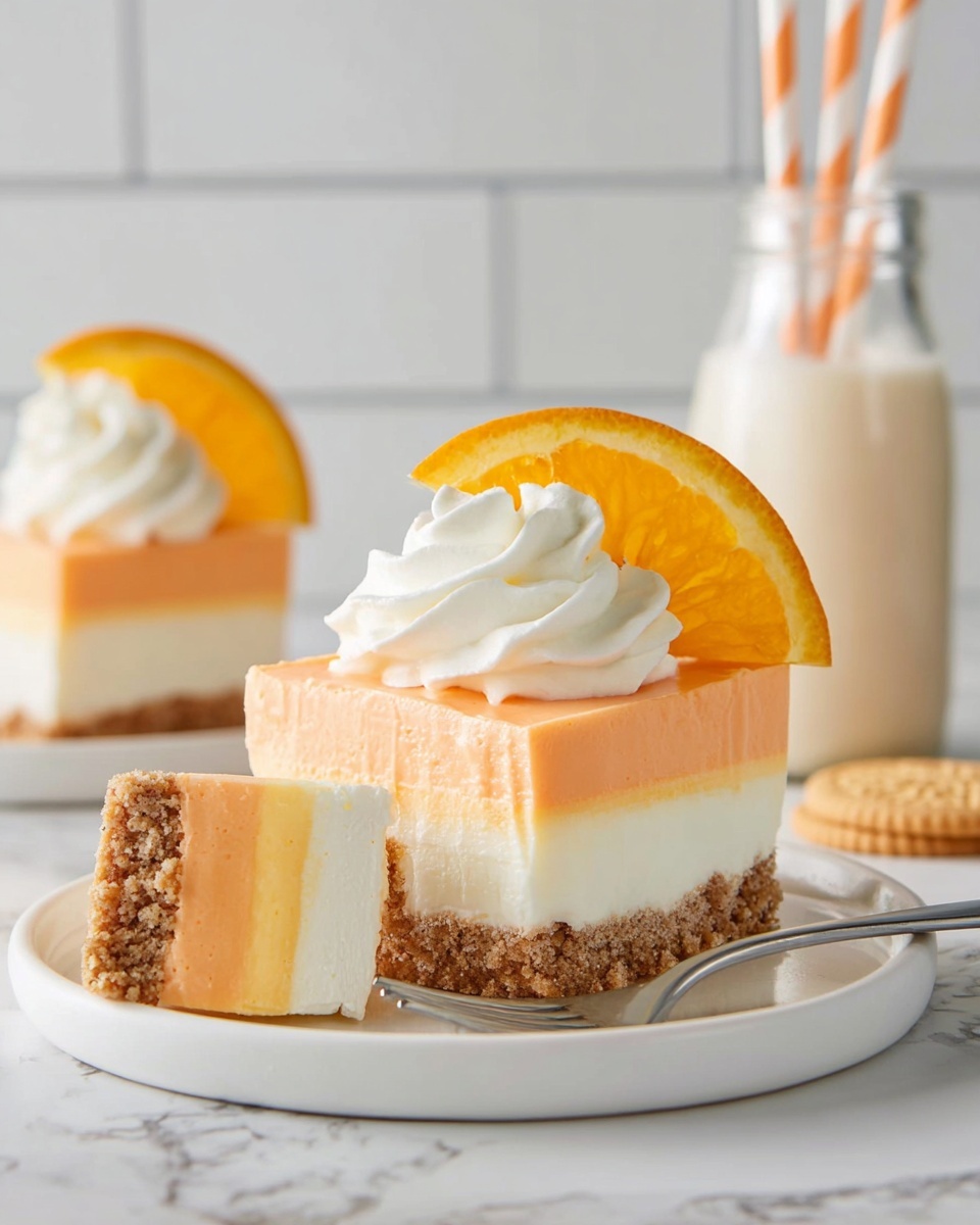 The dessert shows three clear layers: the bottom layer is a crumbly brown crust, the middle layer is a thin white cream layer, and the top layer is a thick, smooth light orange mousse. On top of the mousse layer, there is a swirl of white whipped cream, and a bright orange slice is placed standing upright behind the whipped cream. The dessert is served on a round white plate with a silver fork holding a square piece of the dessert in front of the main piece. The background has a white marbled surface and white subway tiled wall. A glass bottle with light cream-colored drink and two striped straws stands in the background and a small light brown cookie is placed on the plate next to the dessert. photo taken with an iphone --ar 4:5 --v 7