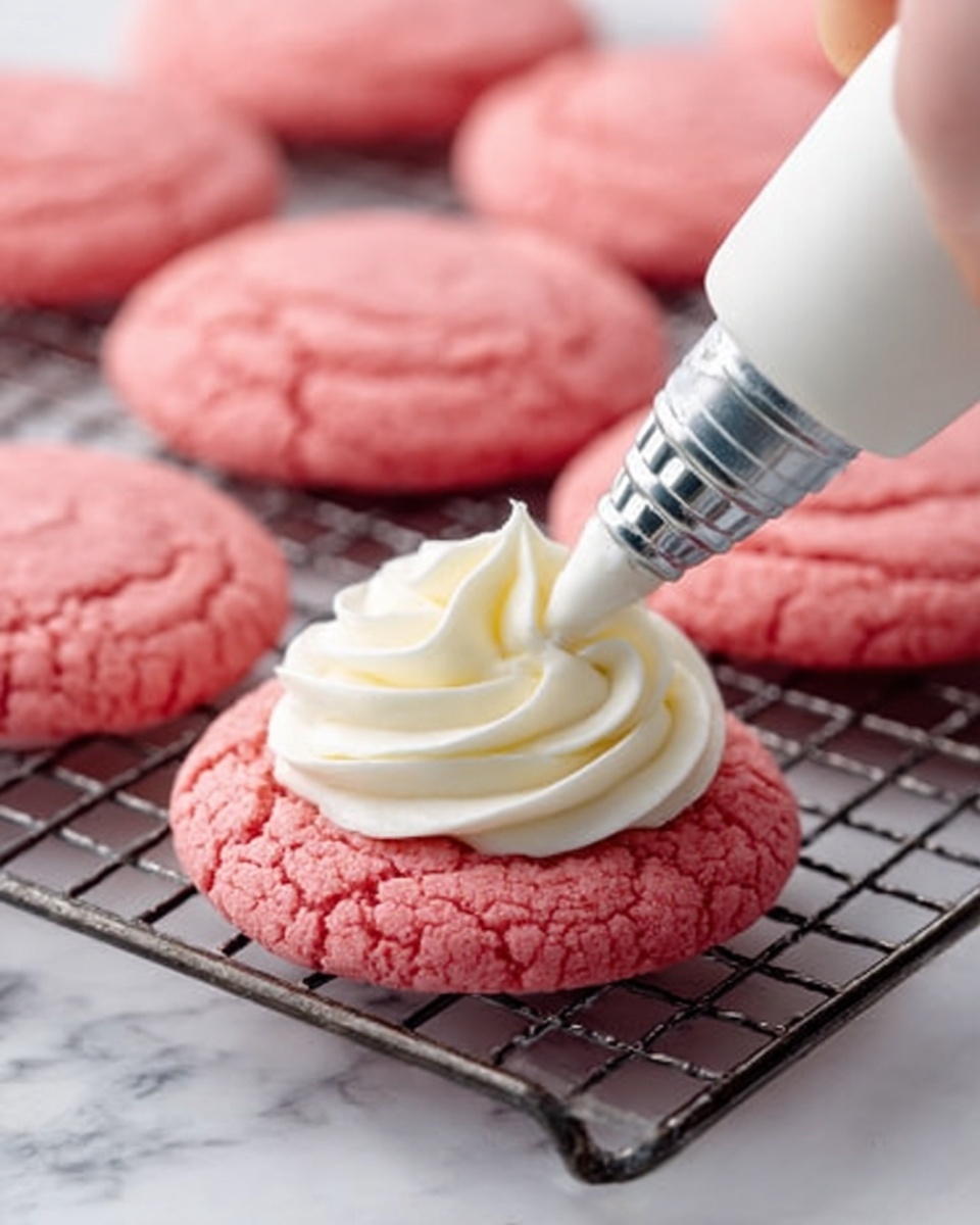 The image shows several round pink cookies with cracked tops on a dark wire cooling rack set on a white marbled surface. One cookie at the front center has a swirl of smooth white cream being piped on top by a woman's hand holding a white piping bag with a metal tip. The pink cookies are soft and slightly textured, and the white cream is thick and creamy, creating a contrast of colors and textures. The focus is on the cookie being decorated, with others blurred in the background. Photo taken with an iphone --ar 4:5 --v 7