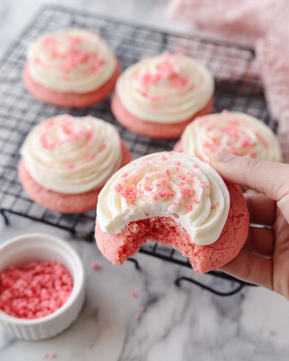 A woman's hand is holding a pink cookie with a bite taken out of it, showing a soft, dense pink inside. The cookie has a thick layer of white frosting on top, swirled in a circular pattern, with small pink crumbs sprinkled over the frosting. In the background, there are five more pink cookies with the same white frosting and pink crumb topping, all placed on a black wire cooling rack. To the left, there is a small white bowl containing more pink crumbs. The whole scene is set on a white marbled surface. photo taken with an iphone --ar 4:5 --v 7