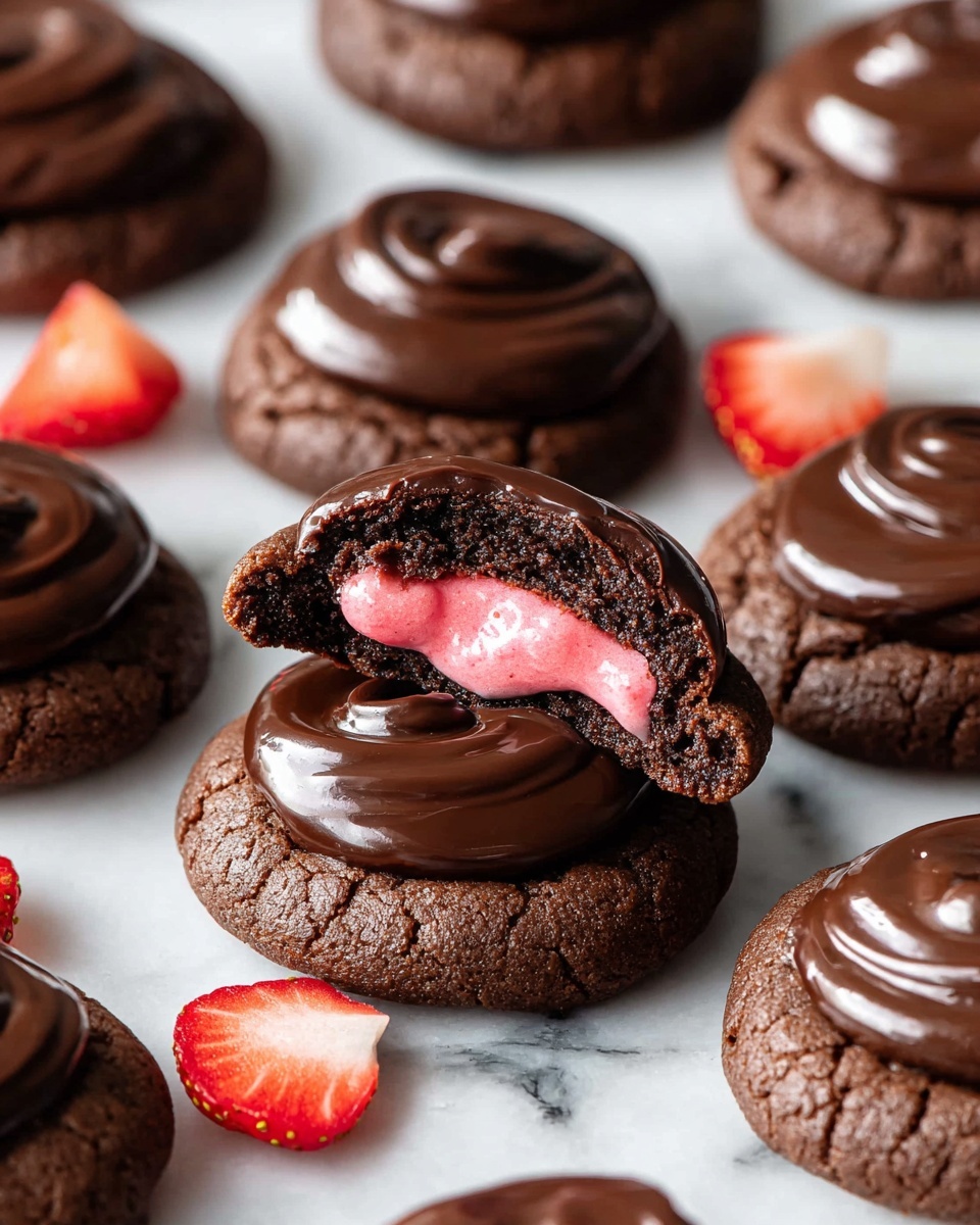 The image shows several round chocolate cookies arranged on a surface with a white marbled texture. Each cookie has two layers: a thick, dark brown baked chocolate base with a soft, slightly cracked texture, and a shiny, smooth, dark chocolate ganache layer spread on top in a circular swirl. One cookie in the center is cut in half to reveal a bright pink, creamy filling inside the chocolate base. Around the cookies, there are small pieces of fresh red strawberry adding a pop of color. The overall look is rich and inviting. Photo taken with an iphone --ar 4:5 --v 7